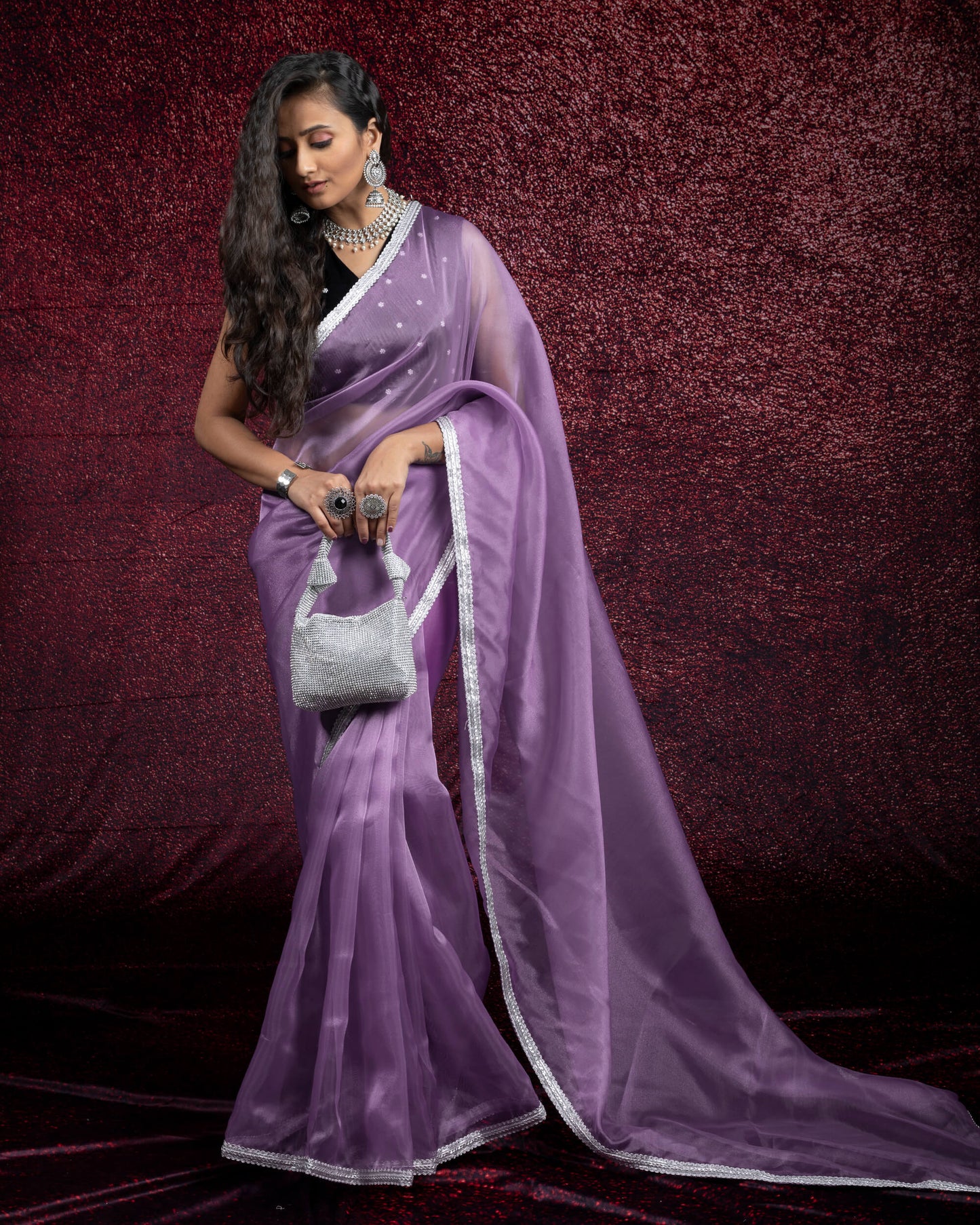 Heather Purple Plain Organza Tissue Saree With Silver Zari Lace Border