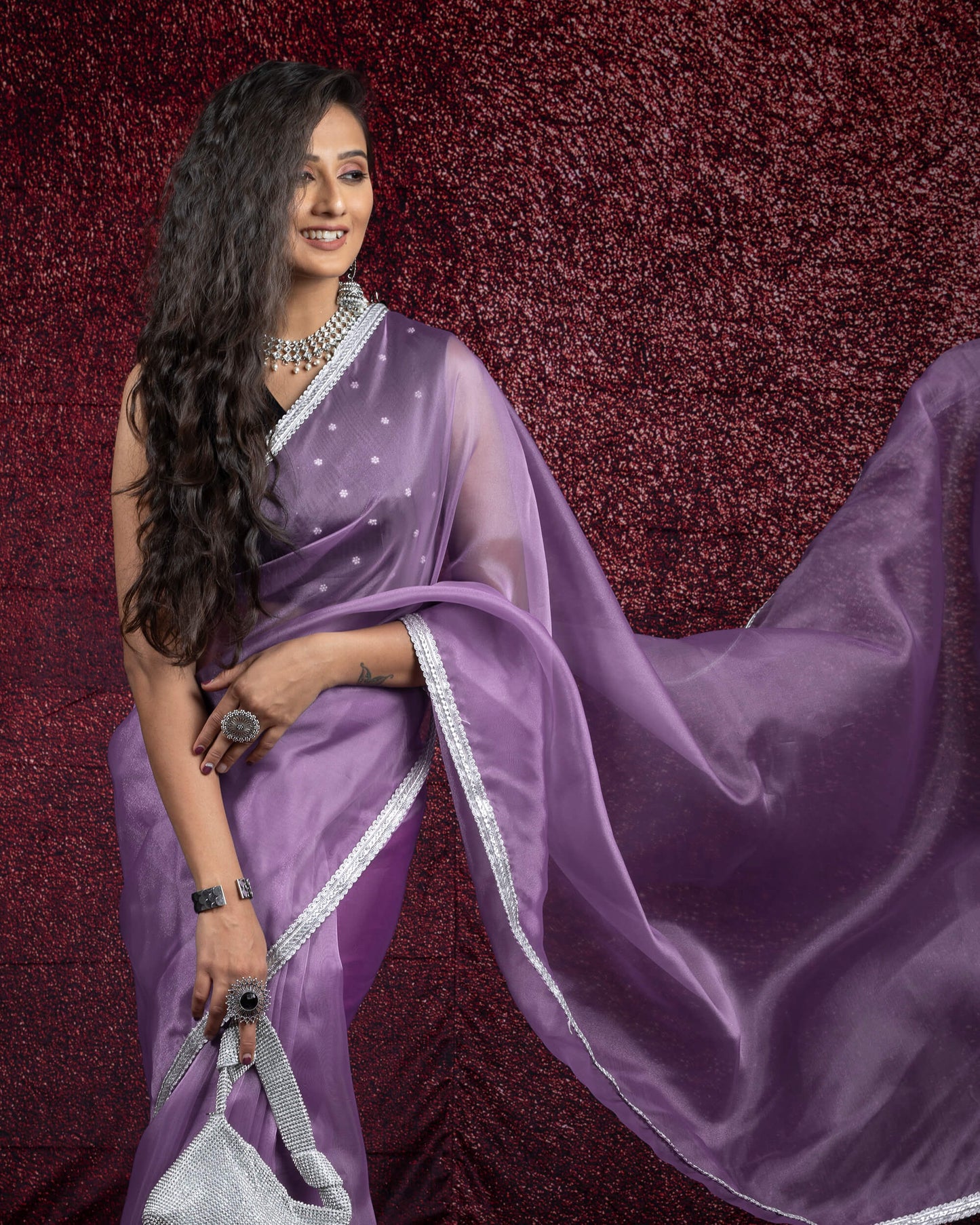Heather Purple Plain Organza Tissue Saree With Silver Zari Lace Border