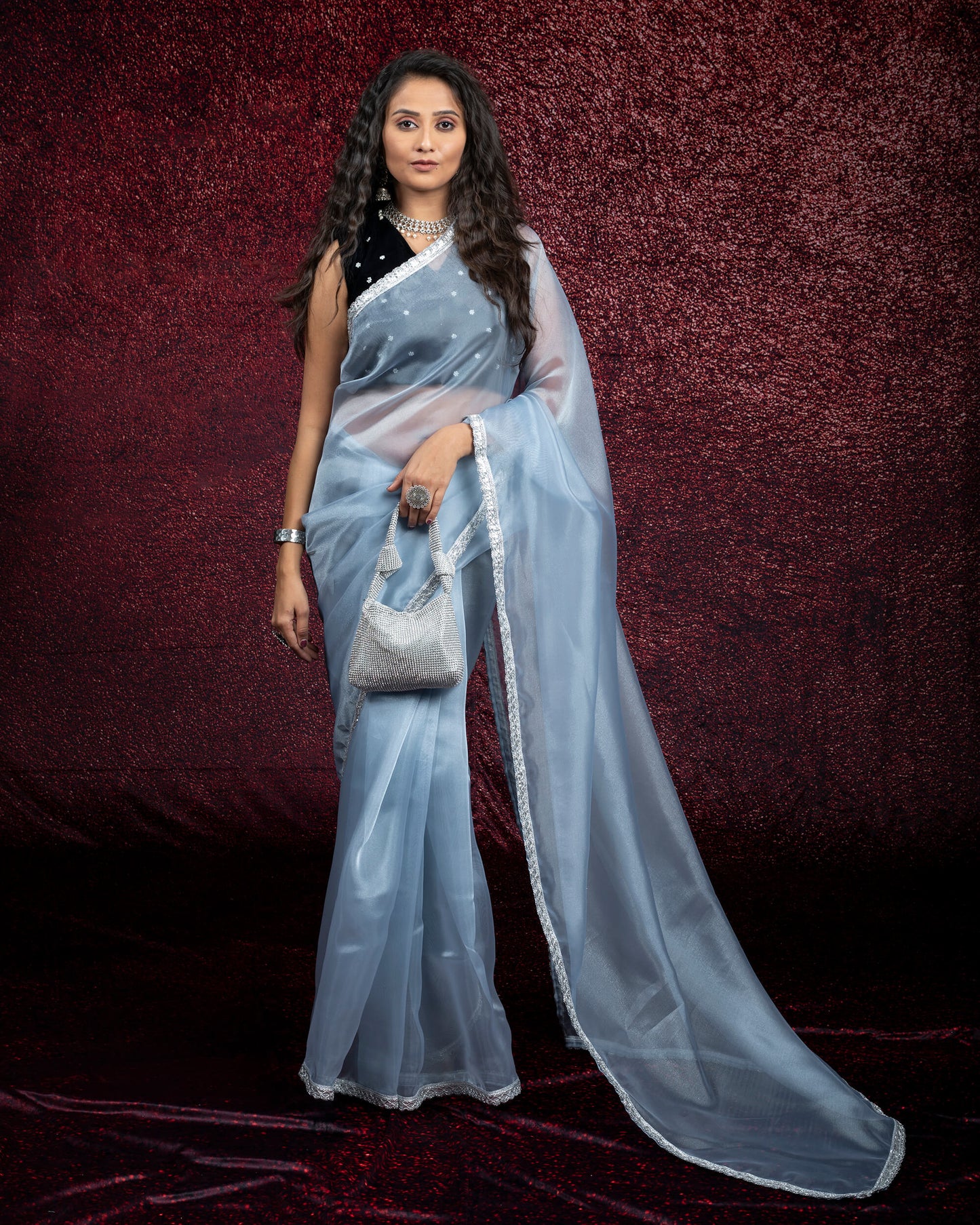 Pegion Blue Plain Organza Tissue Saree With Silver Zari Lace Border