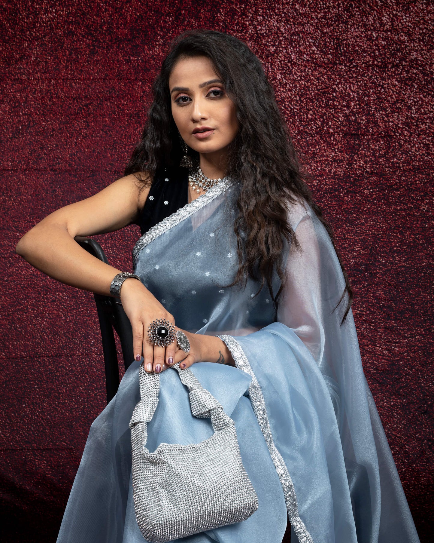 Pegion Blue Plain Organza Tissue Saree With Silver Zari Lace Border
