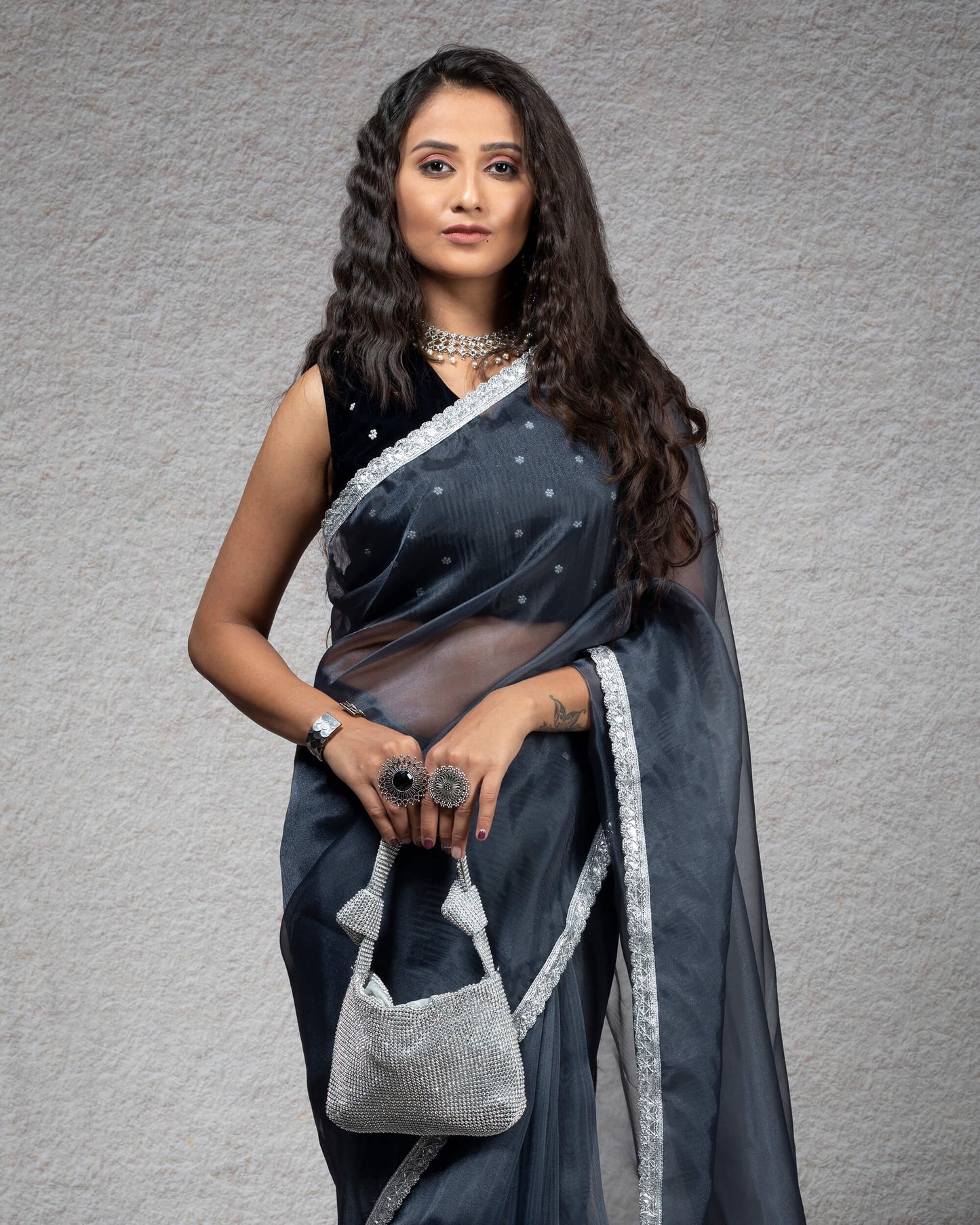 Dark Grey Plain Organza Tissue Saree With Silver Zari Lace Border