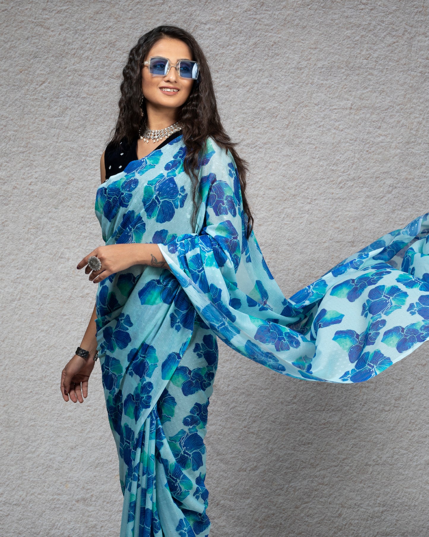 Blue Floral Pattern Digital Print Water Lurex Chiffon Saree With Tassels