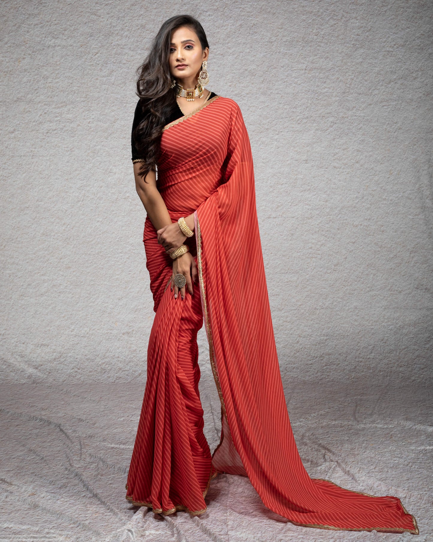 Sangria Red Leheriya Pattern Digital Print Georgette Saree With Zari Lace Border