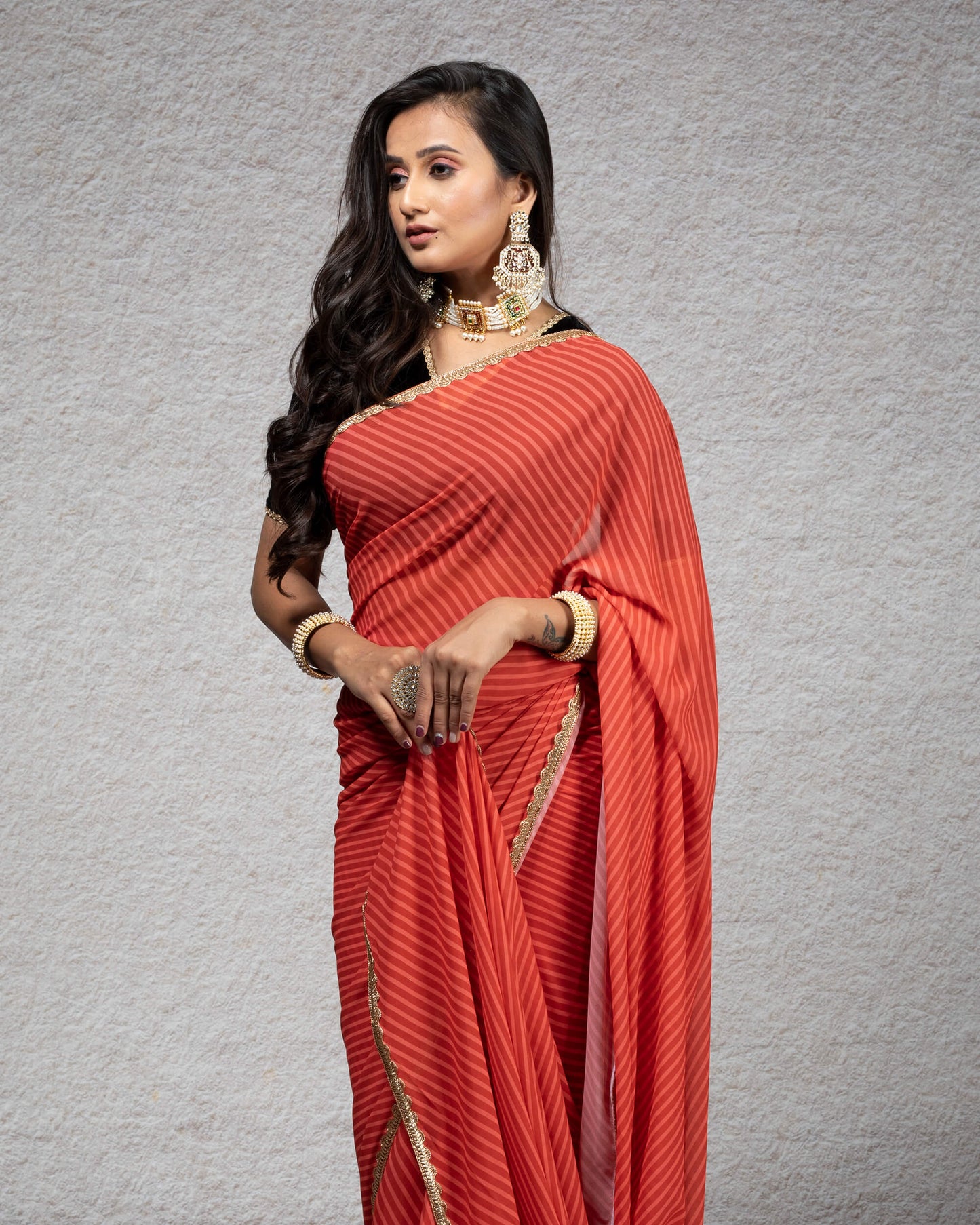 Sangria Red Leheriya Pattern Digital Print Georgette Saree With Zari Lace Border