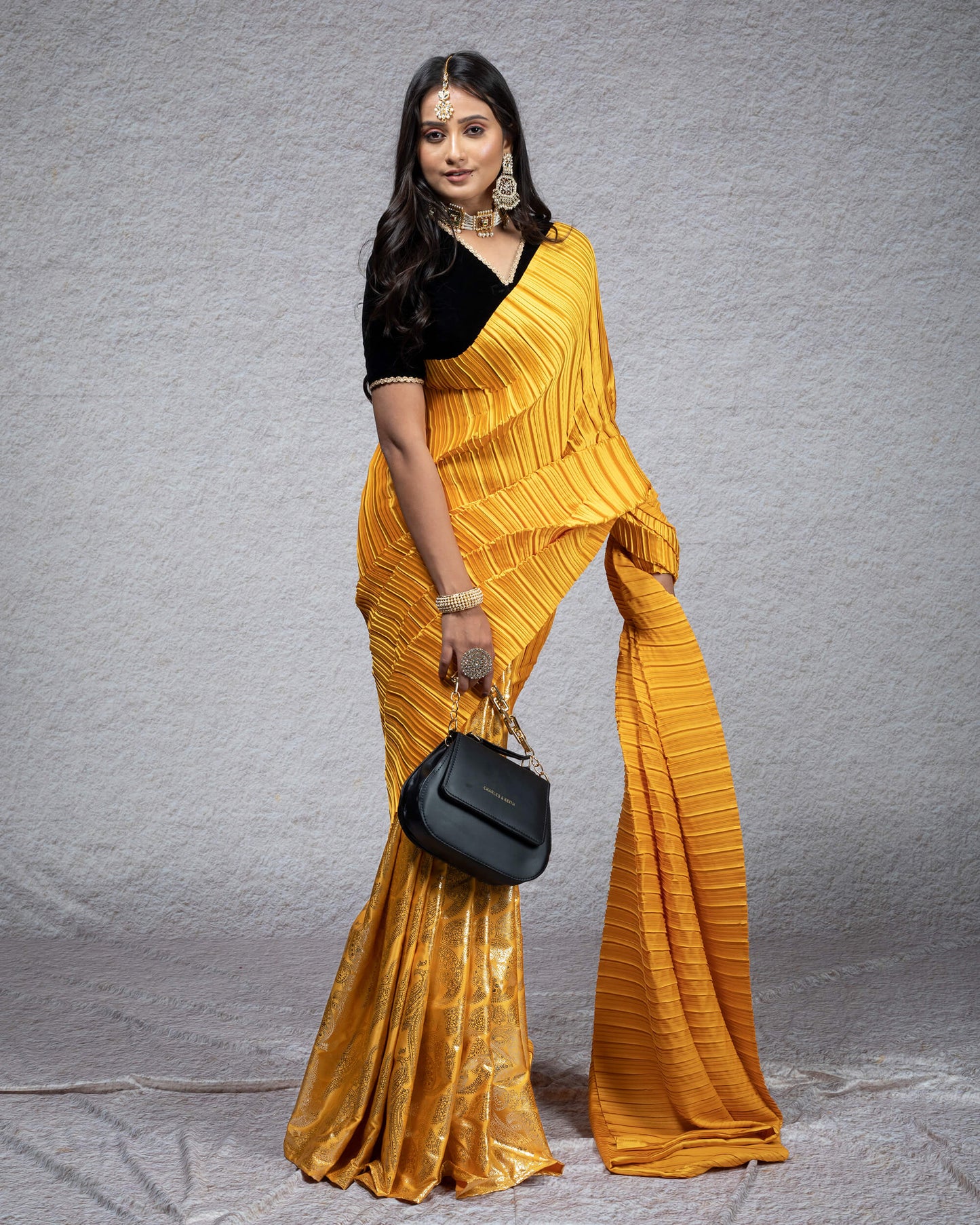 Mustard Yellow Paisley Pattern Half Foil Print Butter Silk Satin Pleated Saree