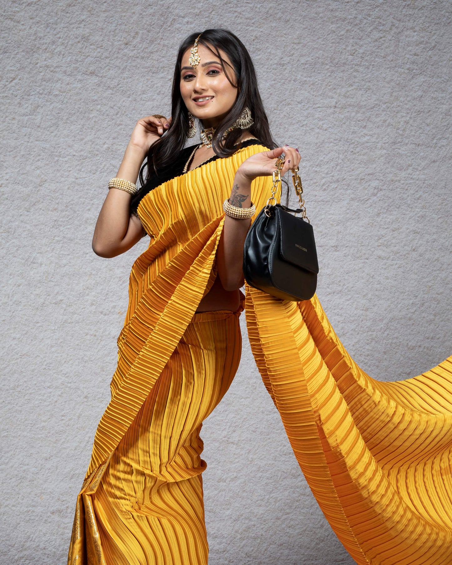 Mustard Yellow Paisley Pattern Half Foil Print Butter Silk Satin Pleated Saree