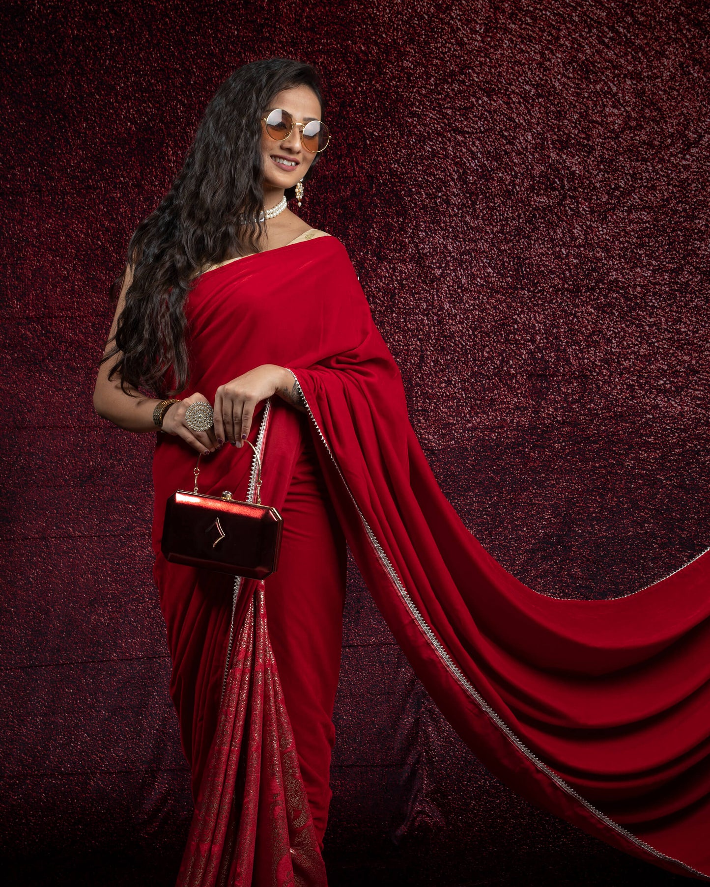 Red Plain Half Paisley Foil Print Velvet Saree With Lace Border
