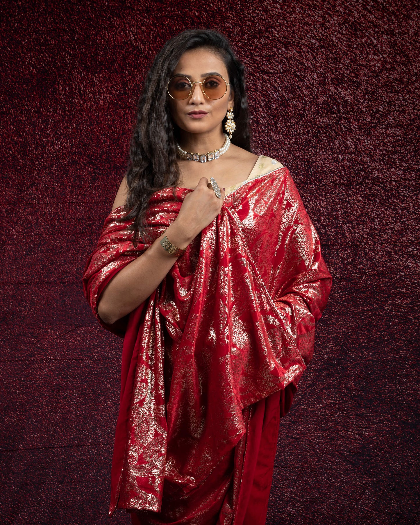 Red Plain Half Paisley Foil Print Velvet Saree With Lace Border