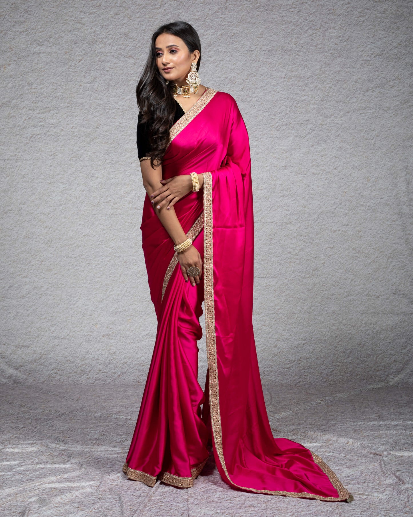 Cerise Pink Plain Japan Satin Saree With Zari Lace Border