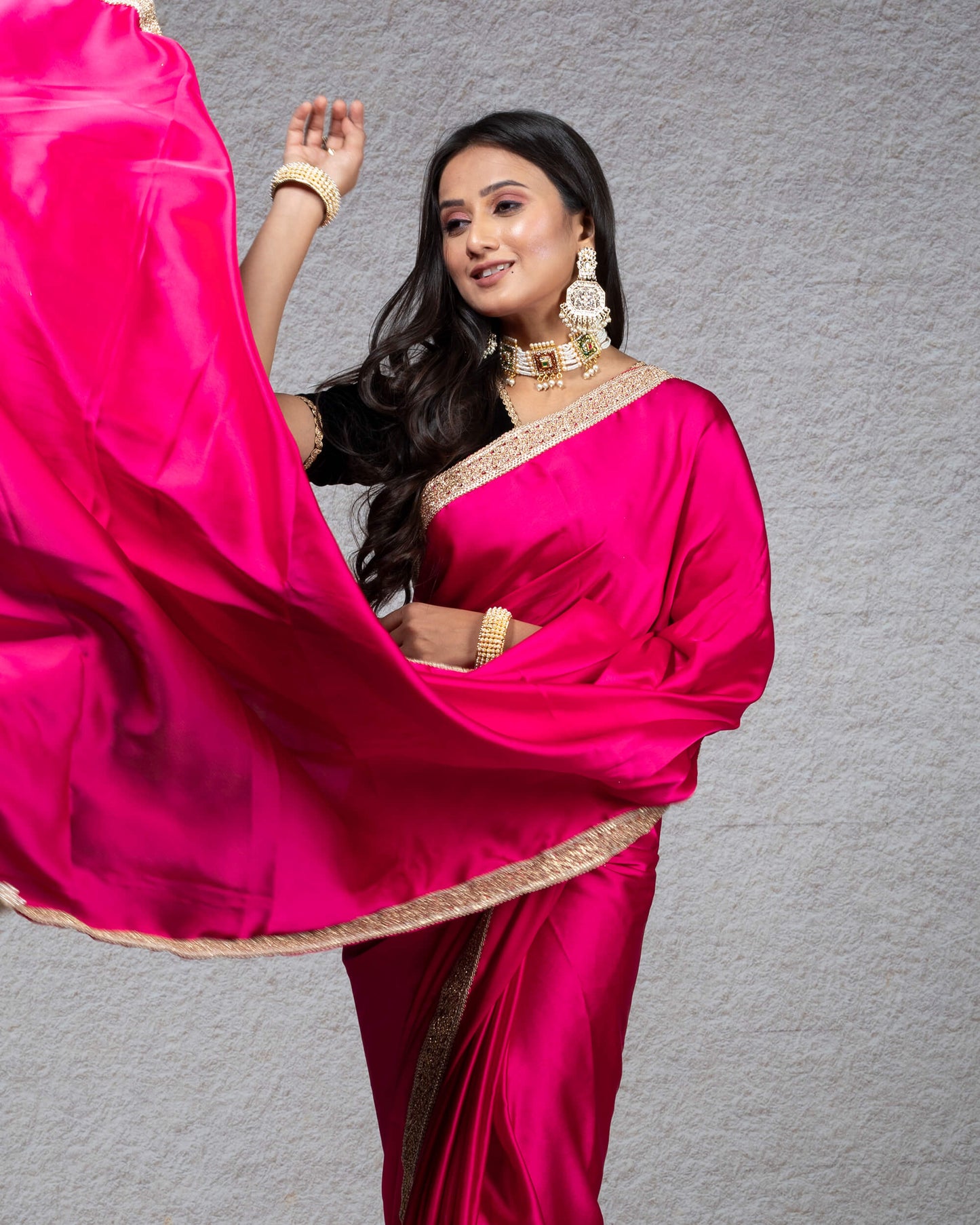 Cerise Pink Plain Japan Satin Saree With Zari Lace Border