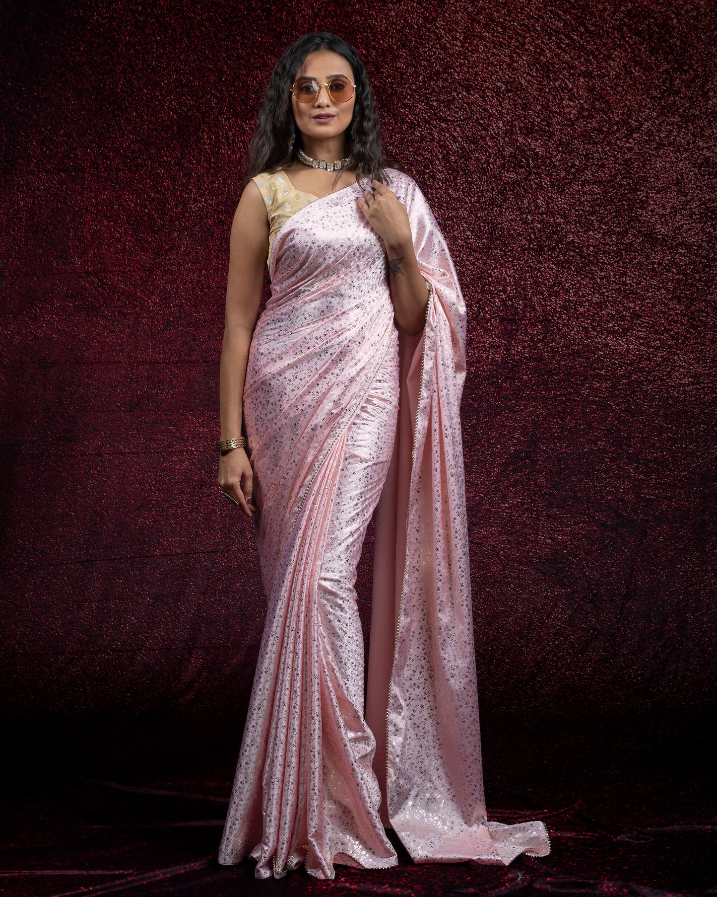 Baby Pink Floral Pattern Foil Print Japan Satin Saree With Lace Border