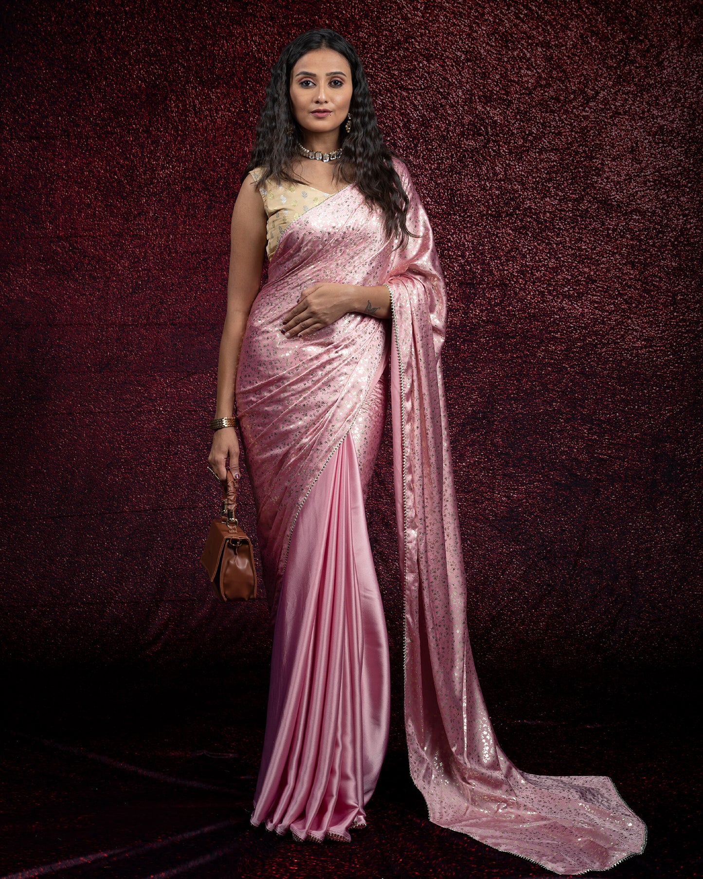Hippie Pink Plain Half Floral Pattern Foil Print Japan Satin Saree With Lace Border