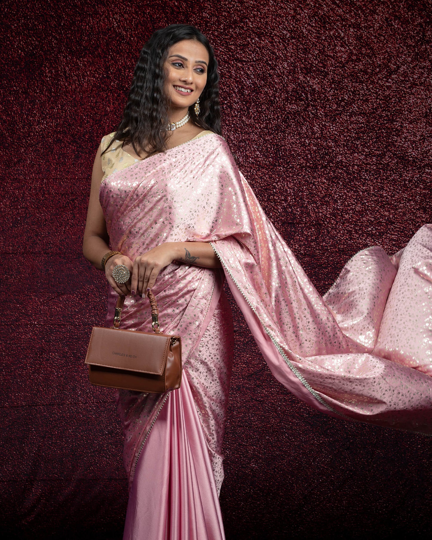 Hippie Pink Plain Half Floral Pattern Foil Print Japan Satin Saree With Lace Border