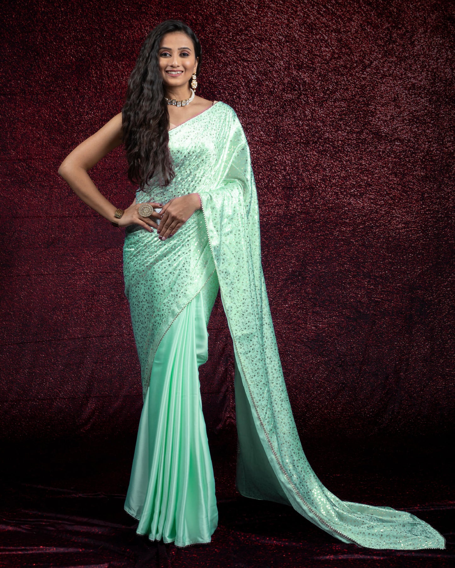 Mint Green Plain Half Floral Pattern Foil Print Japan Satin Saree With Lace Border