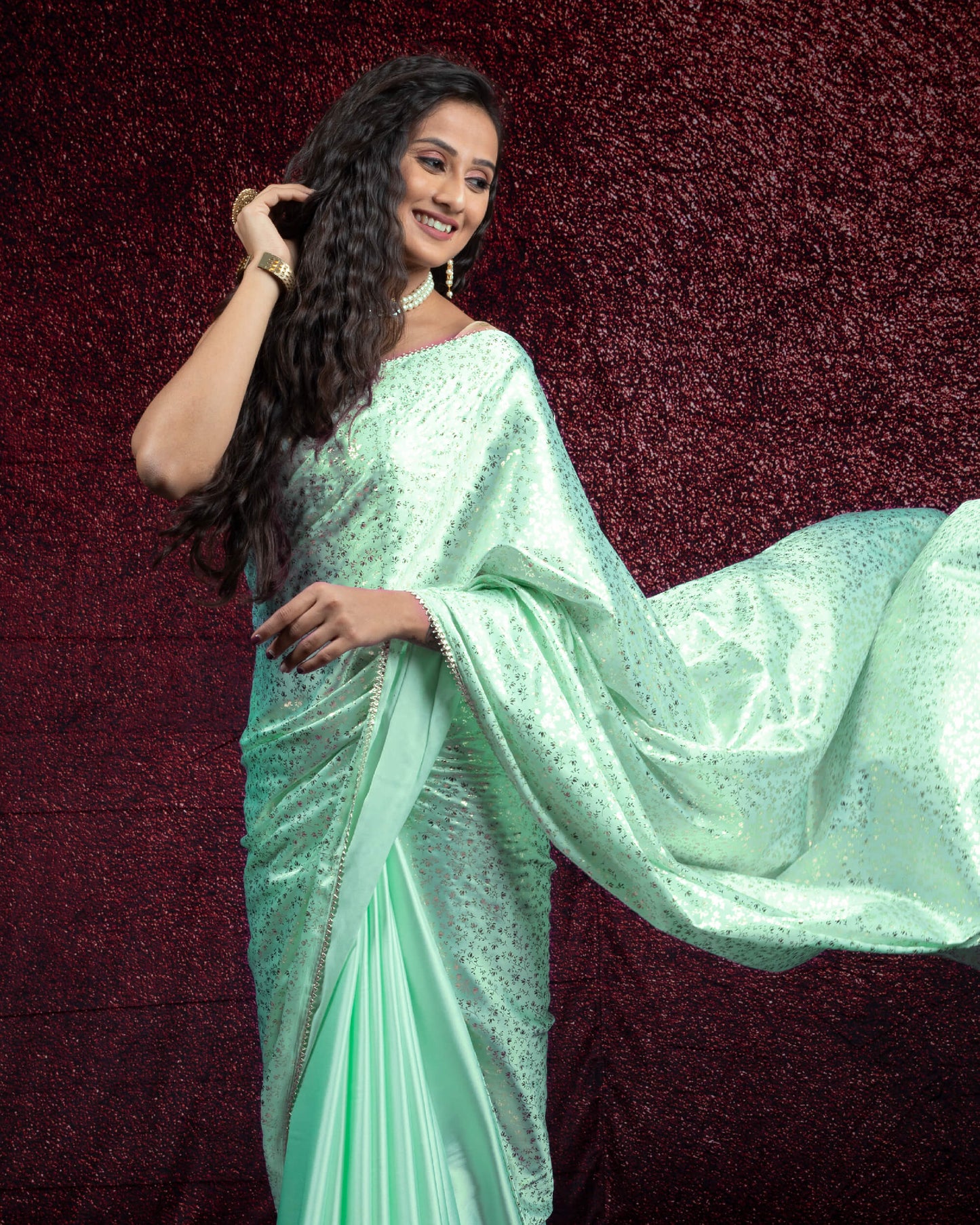 Mint Green Plain Half Floral Pattern Foil Print Japan Satin Saree With Lace Border
