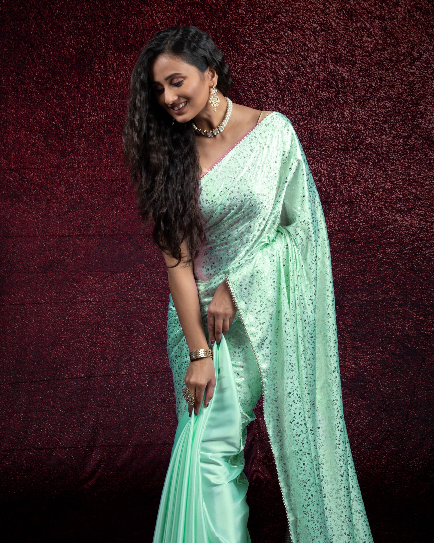 Mint Green Plain Half Floral Pattern Foil Print Japan Satin Saree With Lace Border