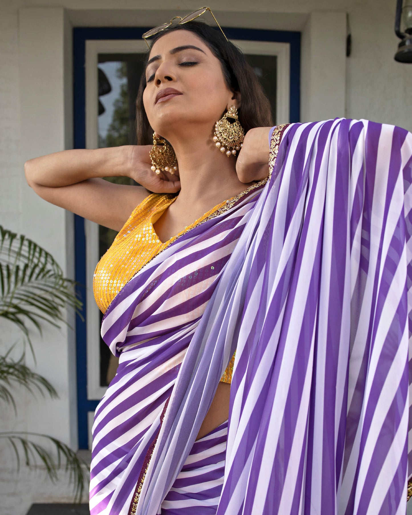 Grape Purple And White Stripes Pattern Digital Print Georgette Saree With Zari Sequins Lace Border