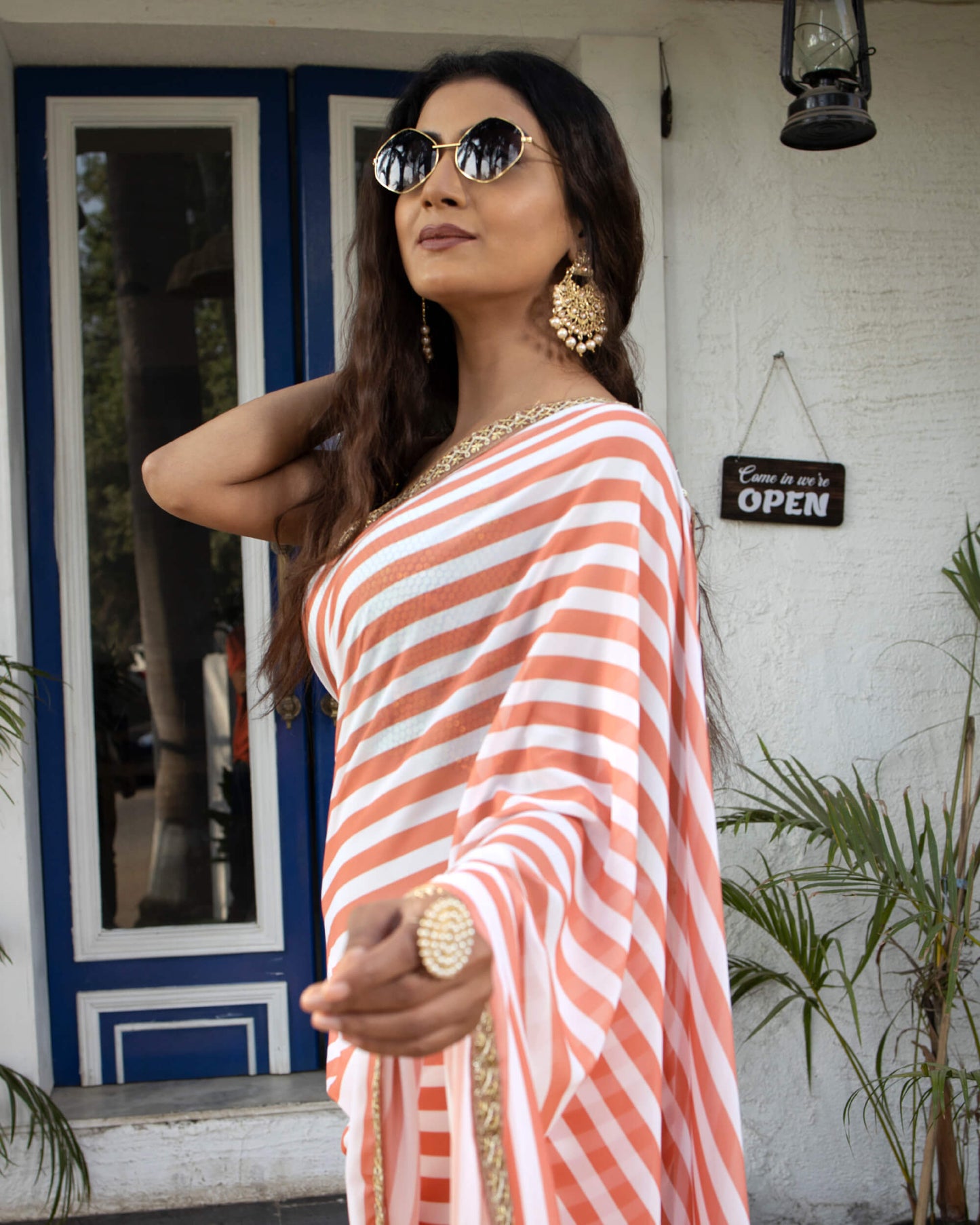 Peach And White Stripes Pattern Digital Print Georgette Saree With Zari Sequins Lace Border