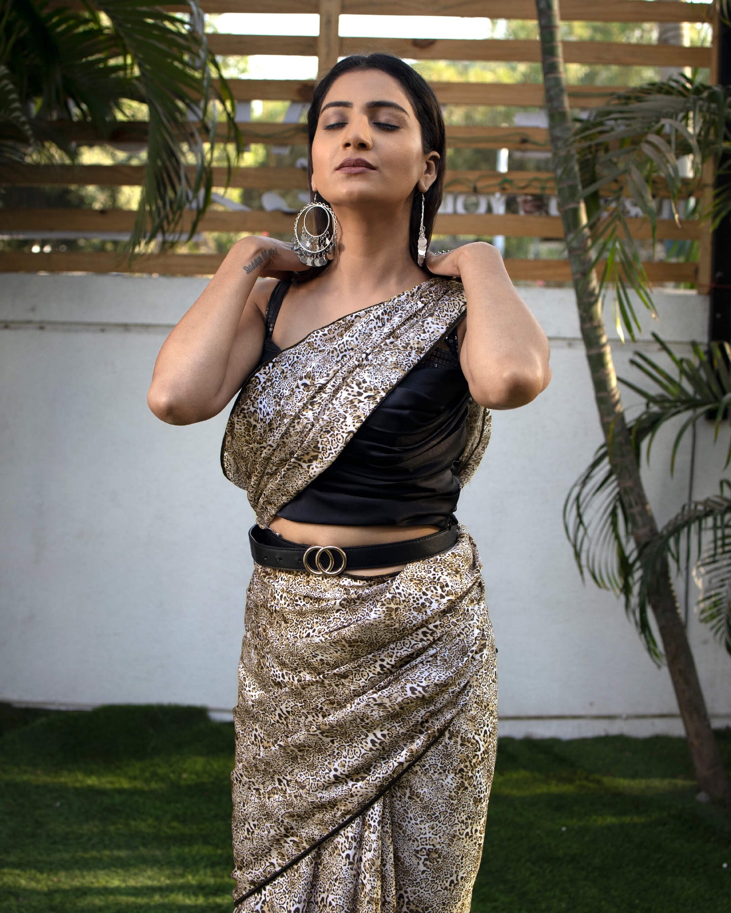 Black Animal Pattern Digital Print Crepe Silk Saree With Lace Border