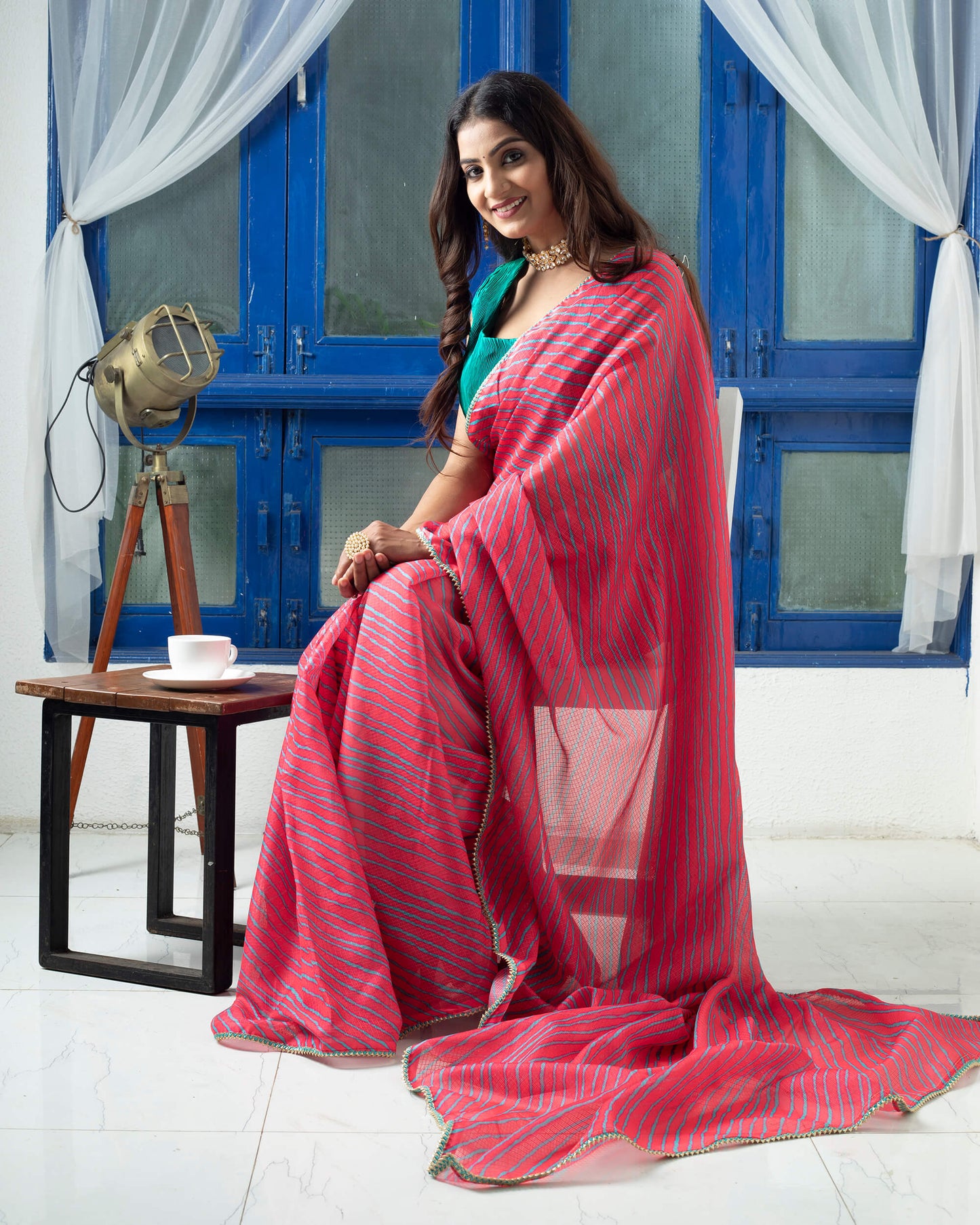 Deep Pink And Turquoise Leheriya Pattern Digital Print Kota Doria Saree With Zari Lace Border