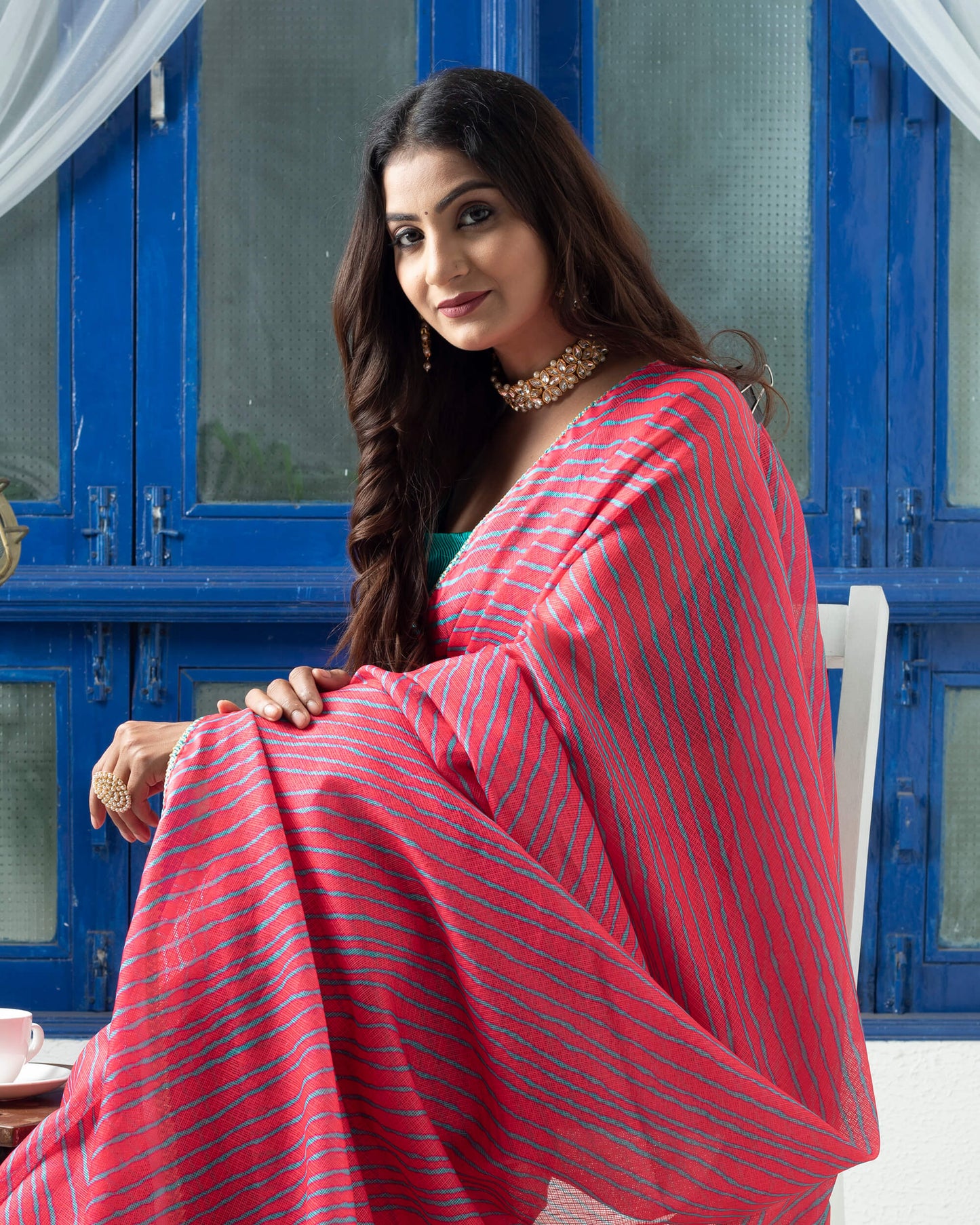 Deep Pink And Turquoise Leheriya Pattern Digital Print Kota Doria Saree With Zari Lace Border