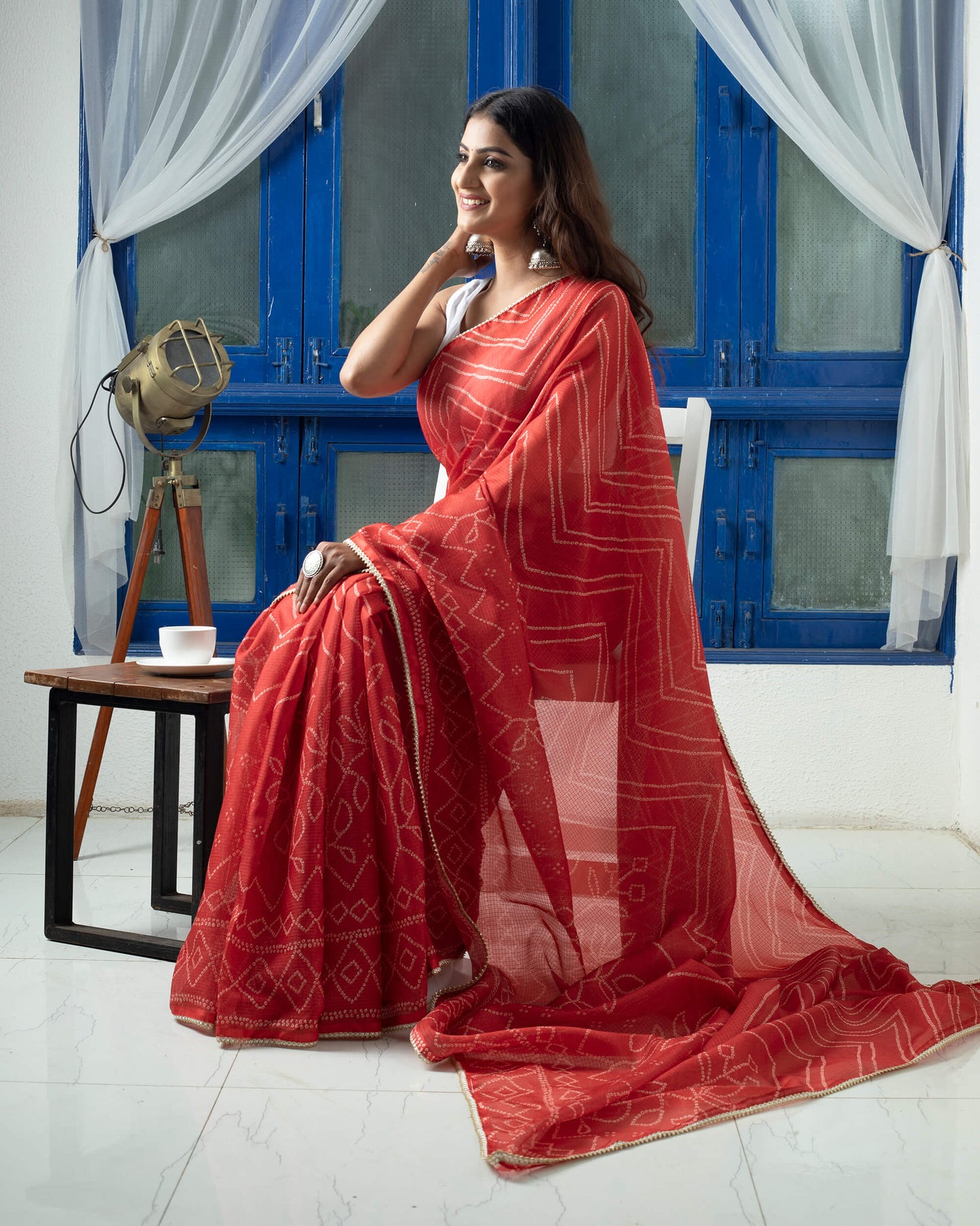 Merlot Red And White Bandhani Pattern Digital Print Kota Doria Saree With Zari Lace Border