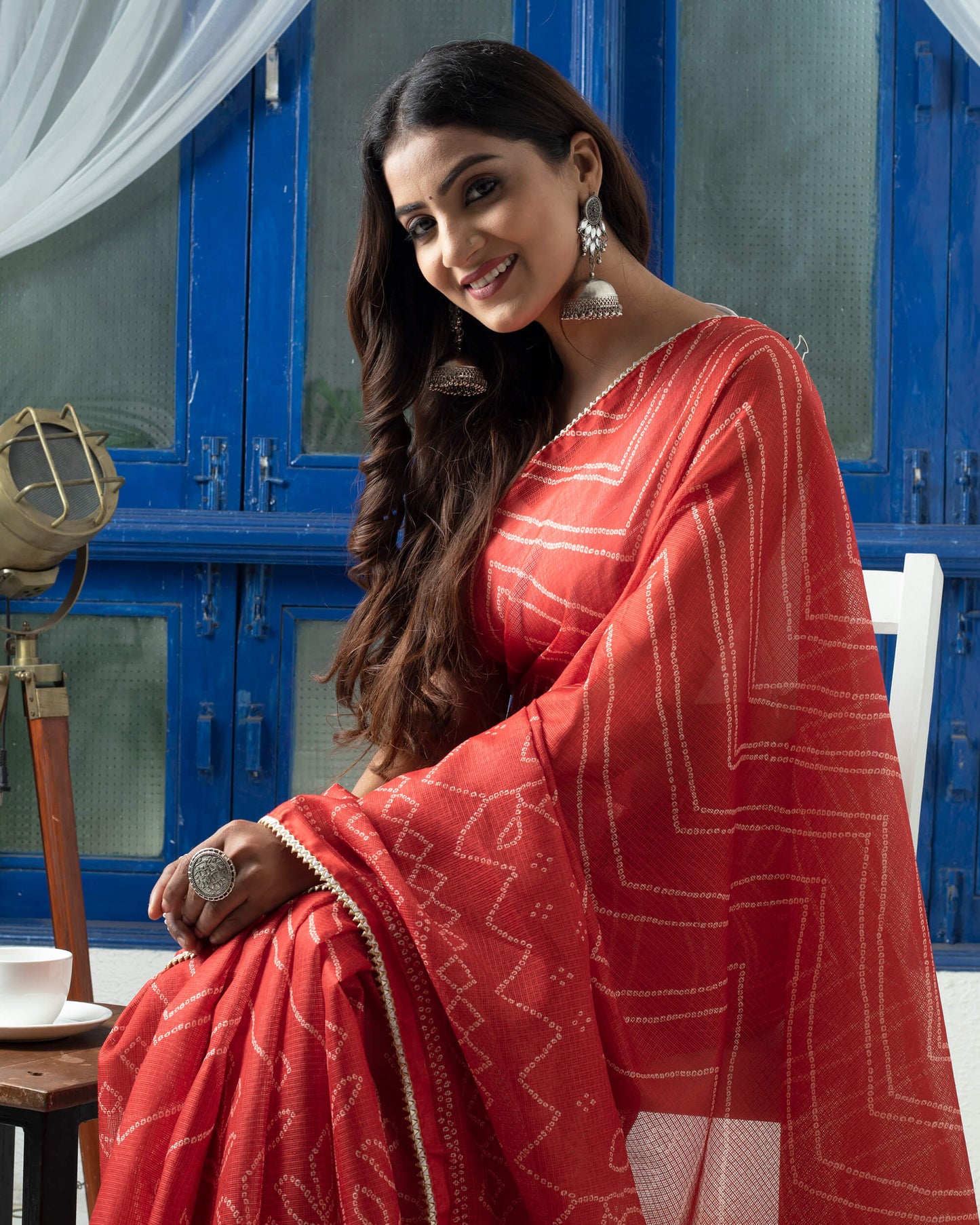 Merlot Red And White Bandhanii Pattern Digital Print Kota Doria Saree With Zari Lace Border