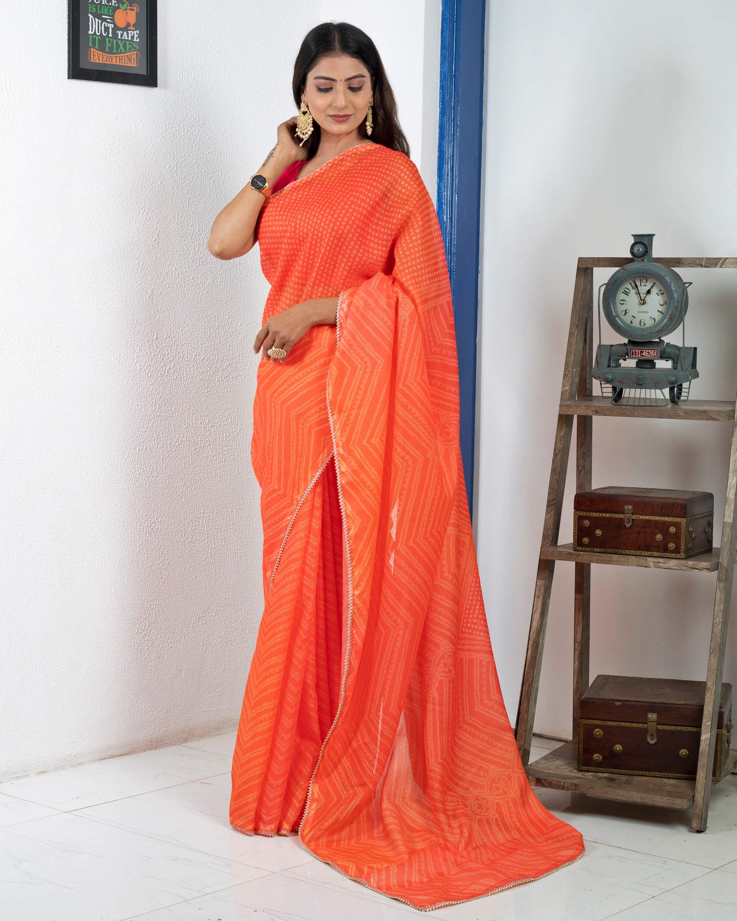 Orange And White Bandhani Pattern Digital Print Kota Doria Saree With Zari Lace Border