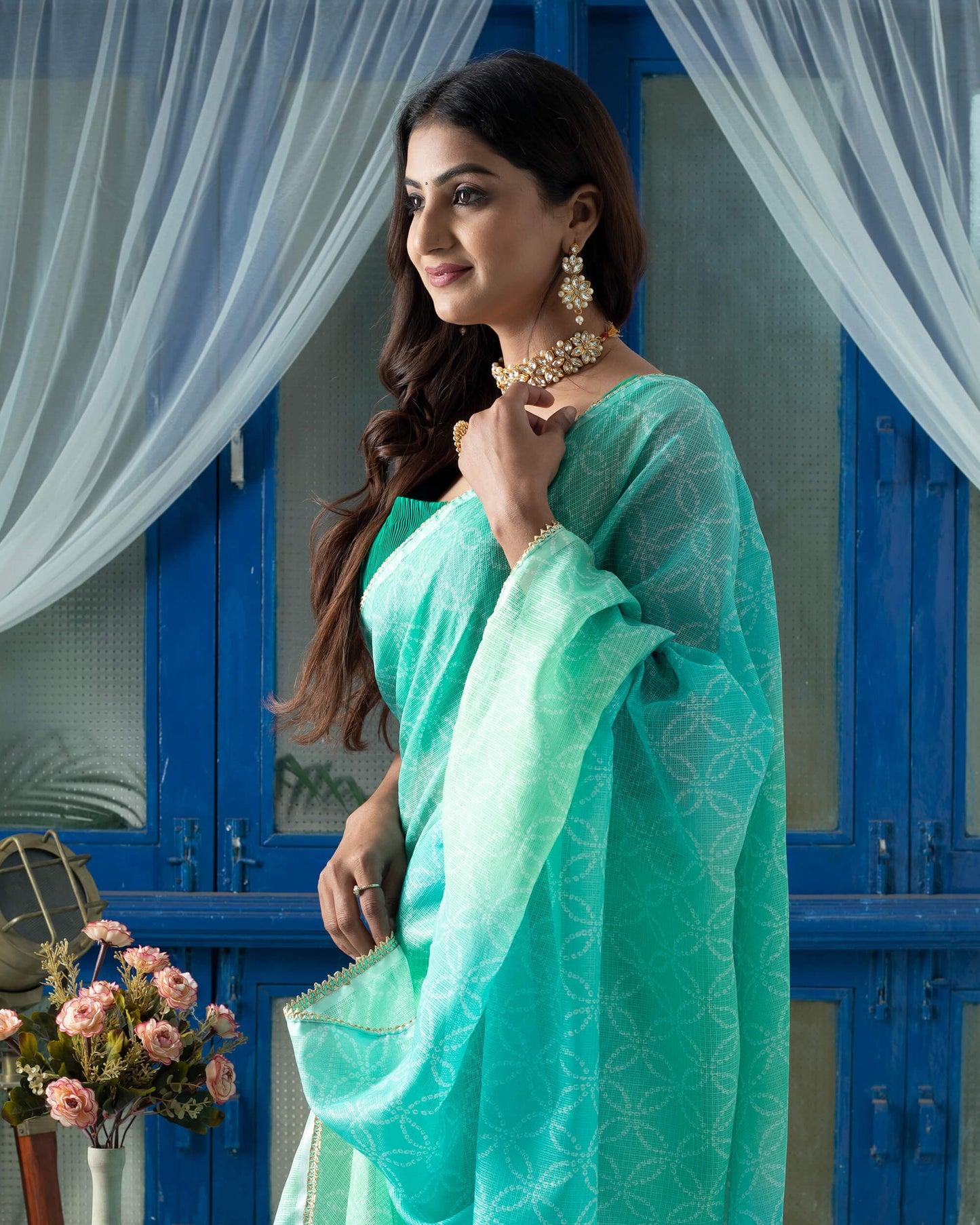 Pale Turquoise And Mint Green Bandhanii Pattern Digital Print Kota Doria Saree With Zari Lace Border