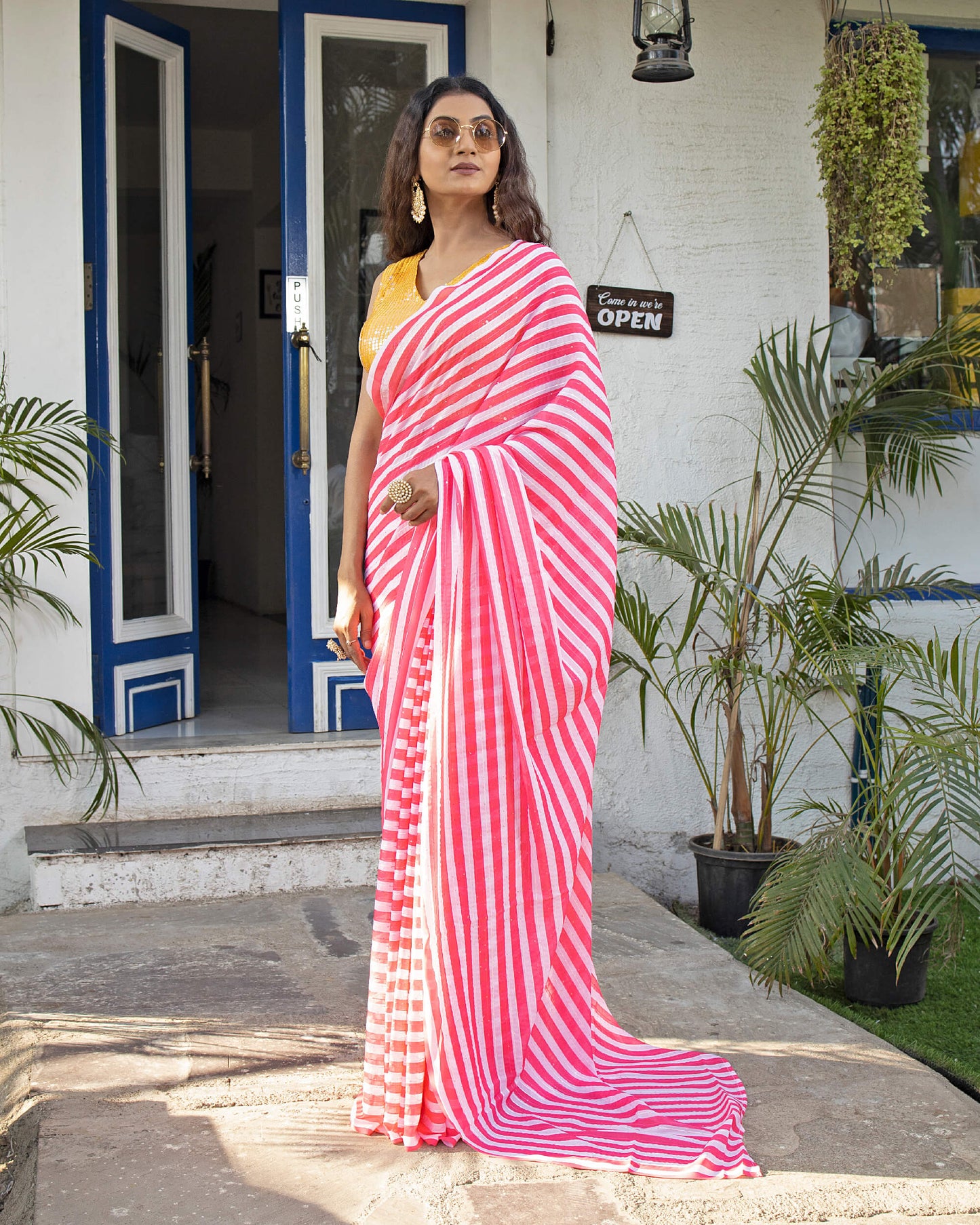 Hot Pink And White Stripes Pattern Premium Sequins Georgette Saree