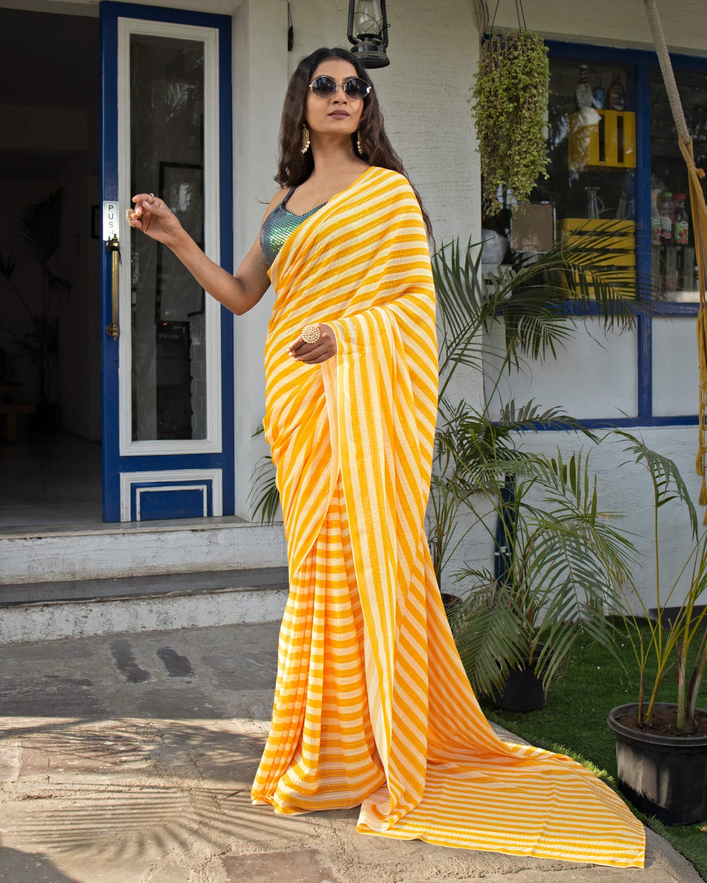 Honey Yellow Stripes Pattern Premium Sequins Georgette Saree