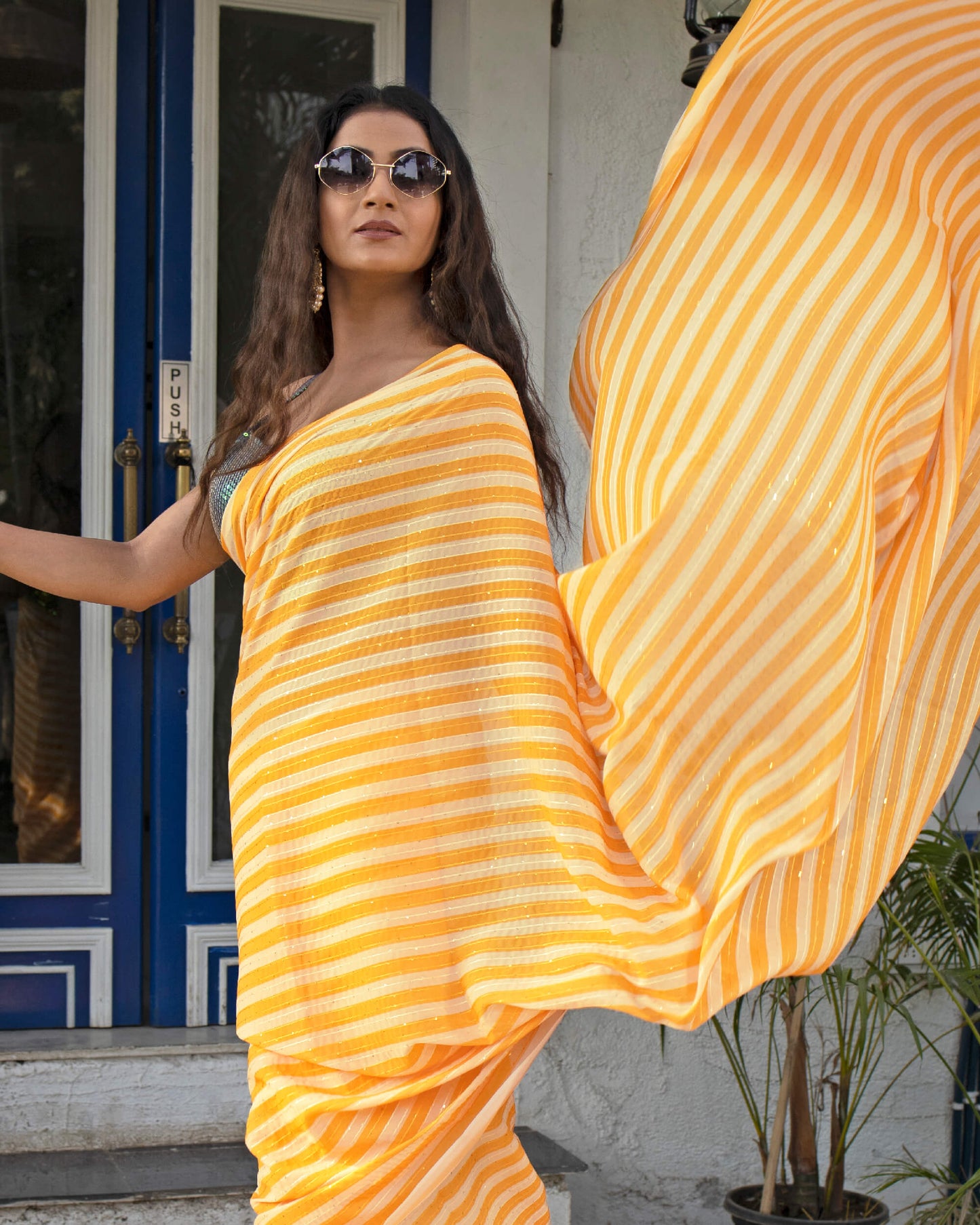 Honey Yellow Stripes Pattern Premium Sequins Georgette Saree
