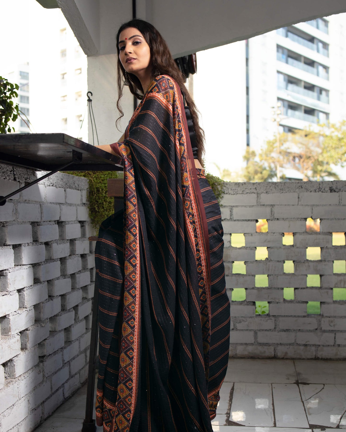 Black And Brown Stripes Pattern Premium Sequins Georgette Saree