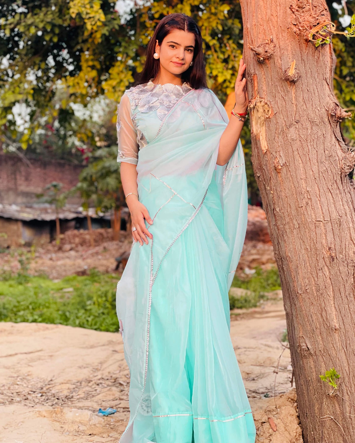 Pastel Blue Plain Silver Zari Gotta Patti Work Liquid Organza Saree With Tubular Beads Sequins Lace