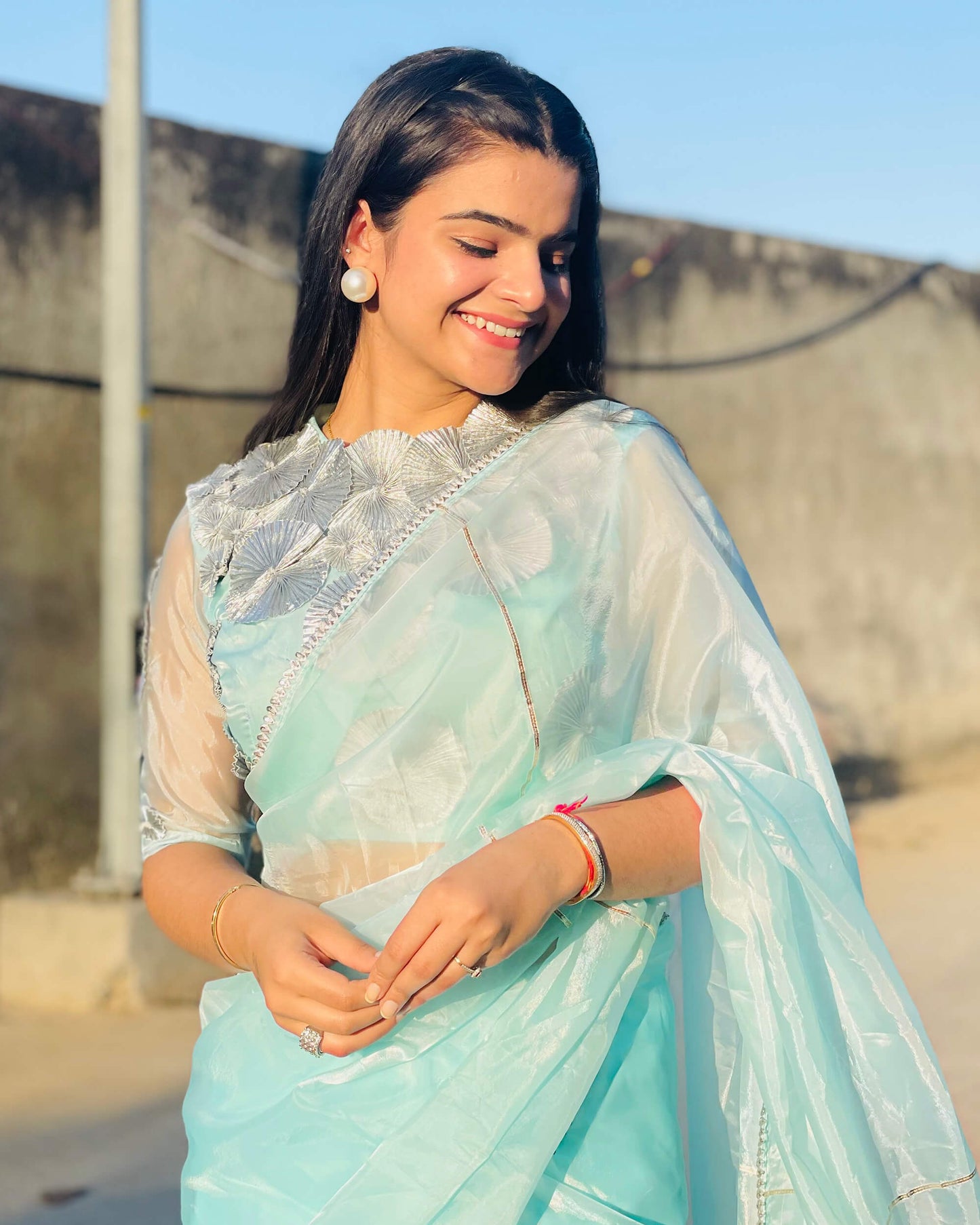 Pastel Blue Plain Silver Zari Gotta Patti Work Liquid Organza Saree With Tubular Beads Sequins Lace