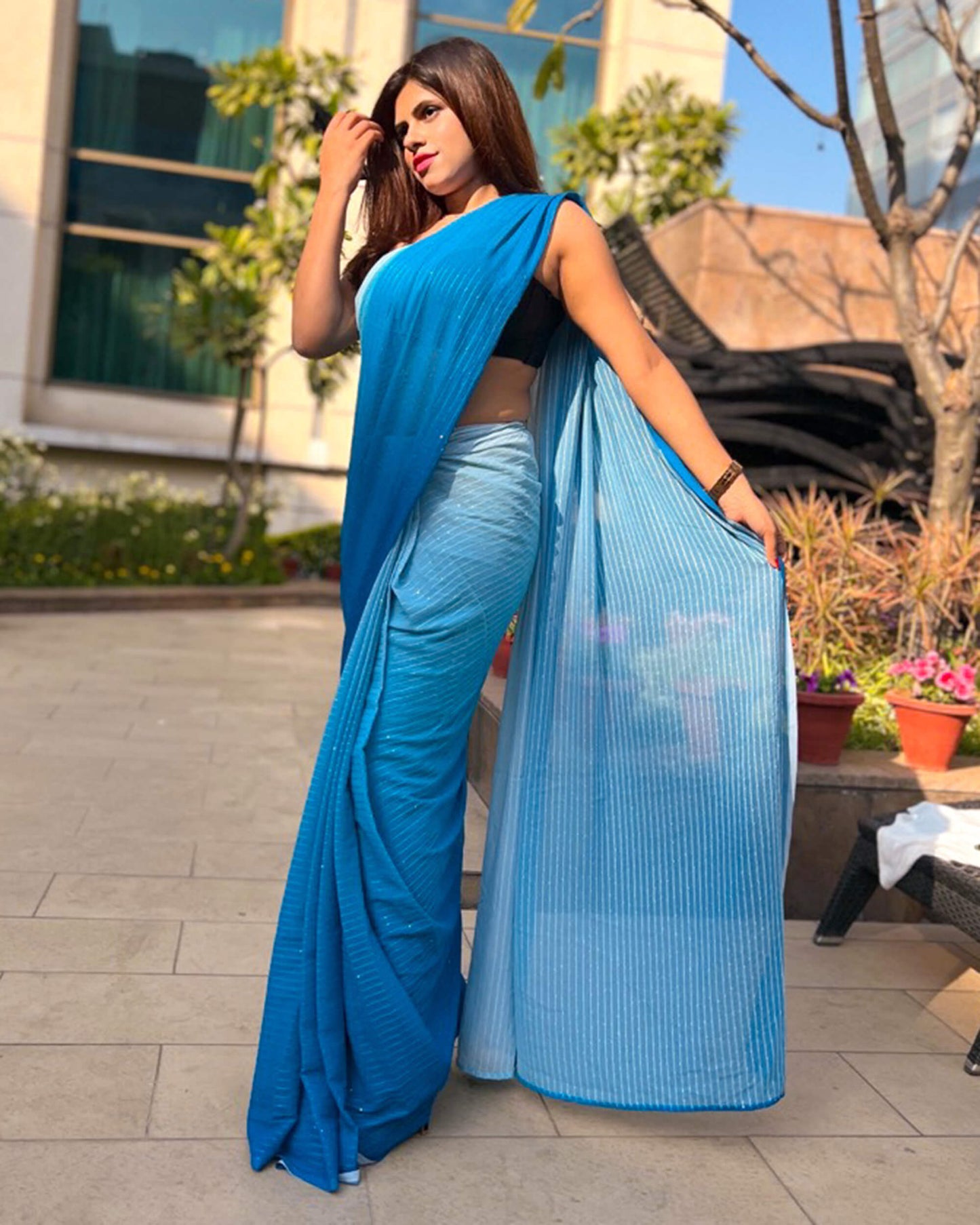 Ocean Blue Ombre Pattern Premium Sequins Georgette Saree