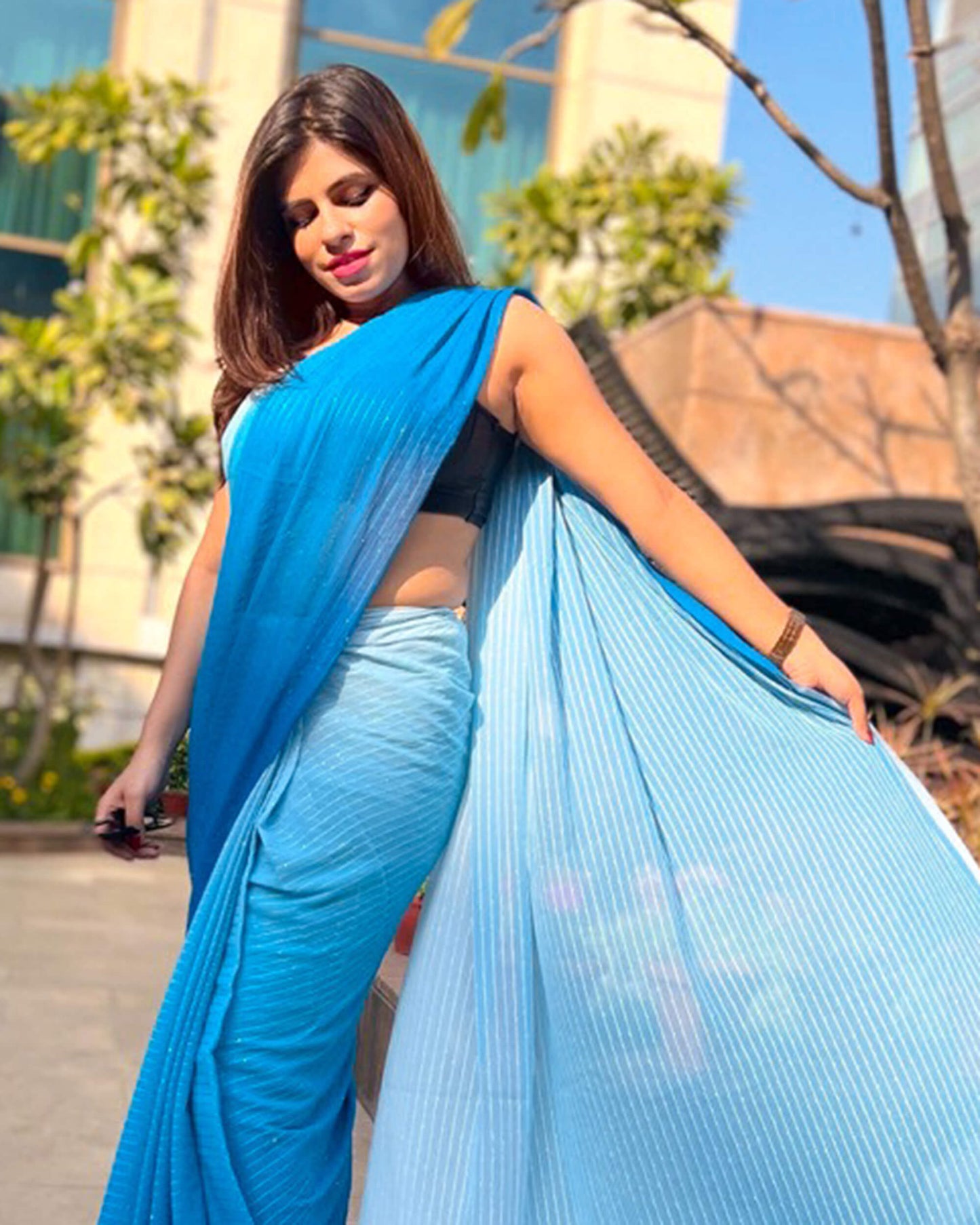 Ocean Blue Ombre Pattern Premium Sequins Georgette Saree