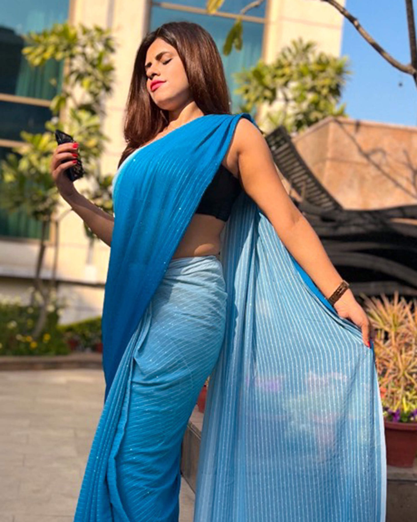 Ocean Blue Ombre Pattern Premium Sequins Georgette Saree