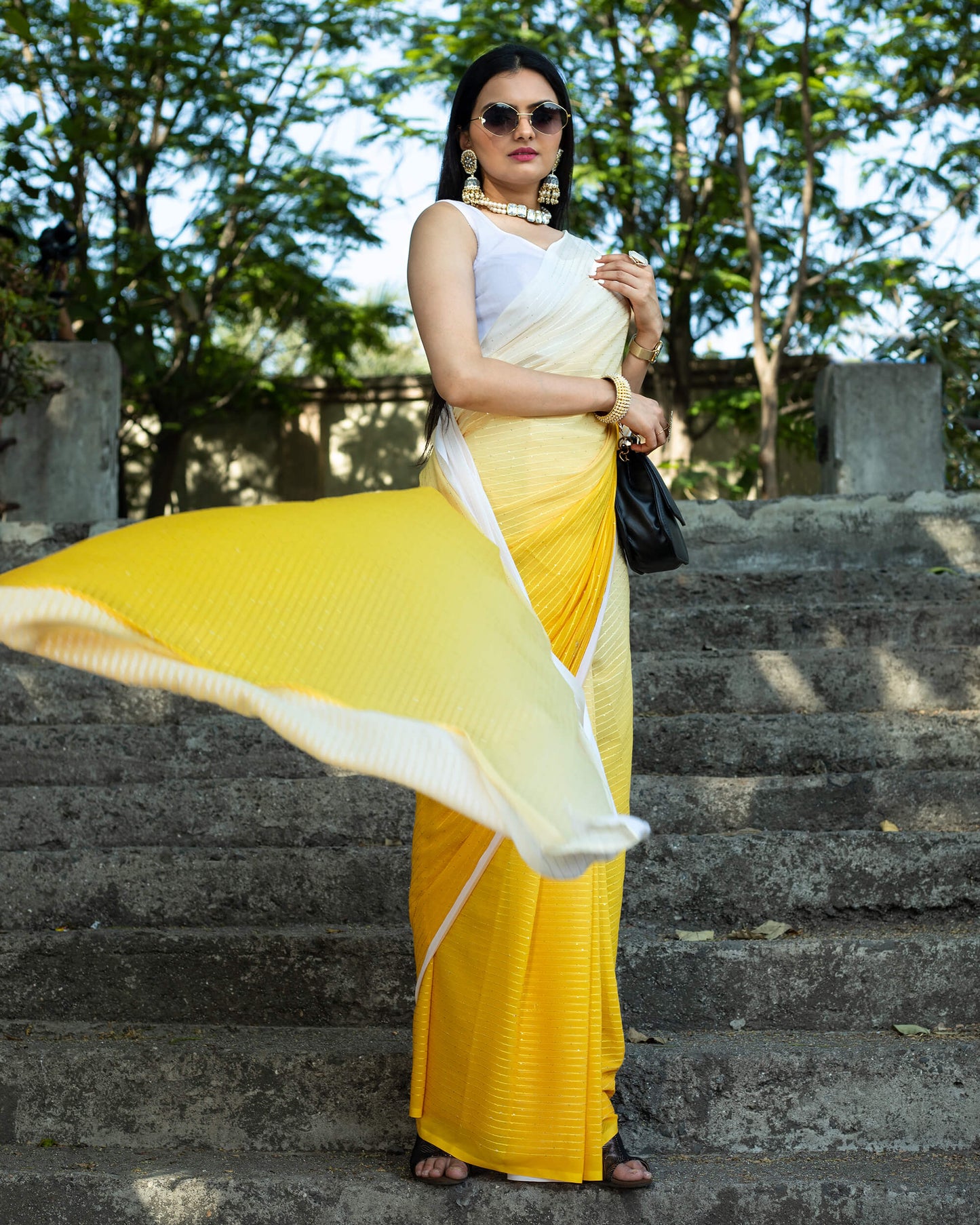 Honey Yellow Ombre Pattern Premium Sequins Georgette Pre-Draped Saree