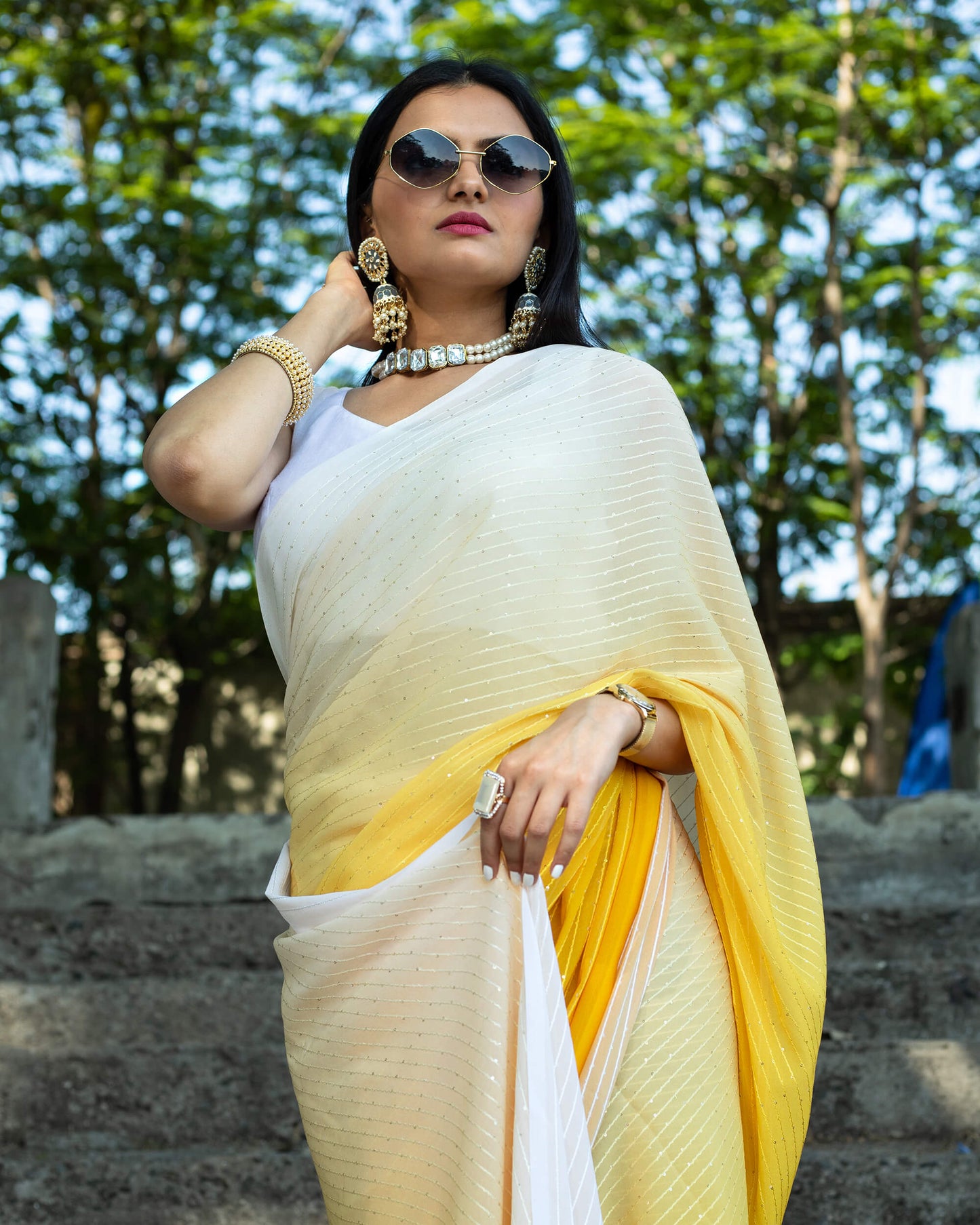 Honey Yellow Ombre Pattern Premium Sequins Georgette Saree