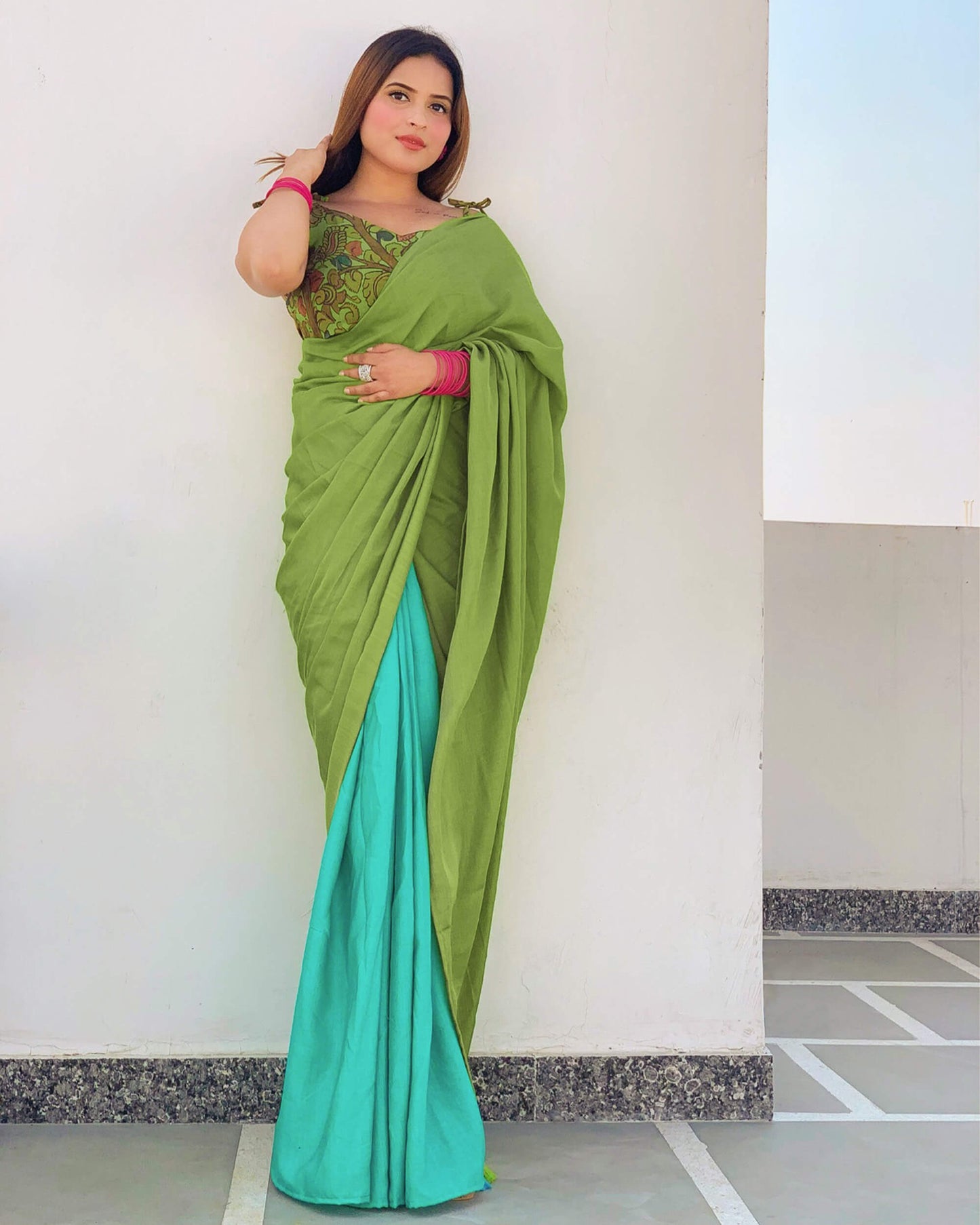Turquoise And Parrot Green Plain Half Poly Cotton Slub Saree With Tassels