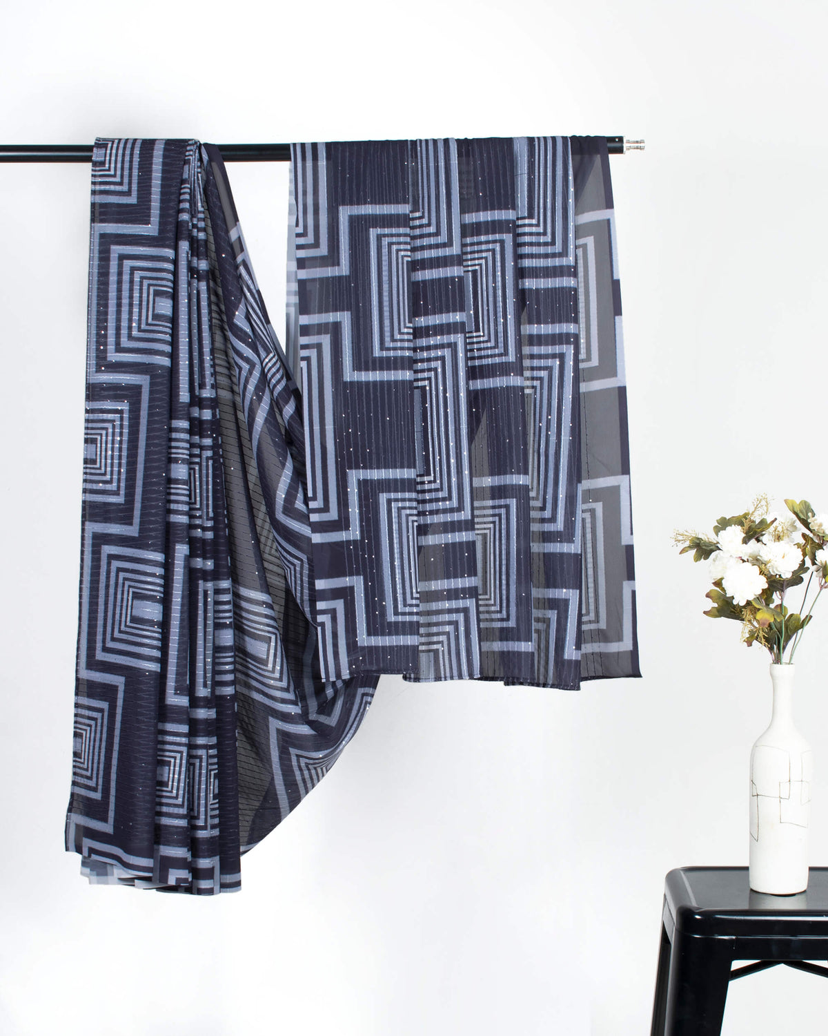 Dark Blue And White Geometric Pattern Premium Sequins Georgette Saree