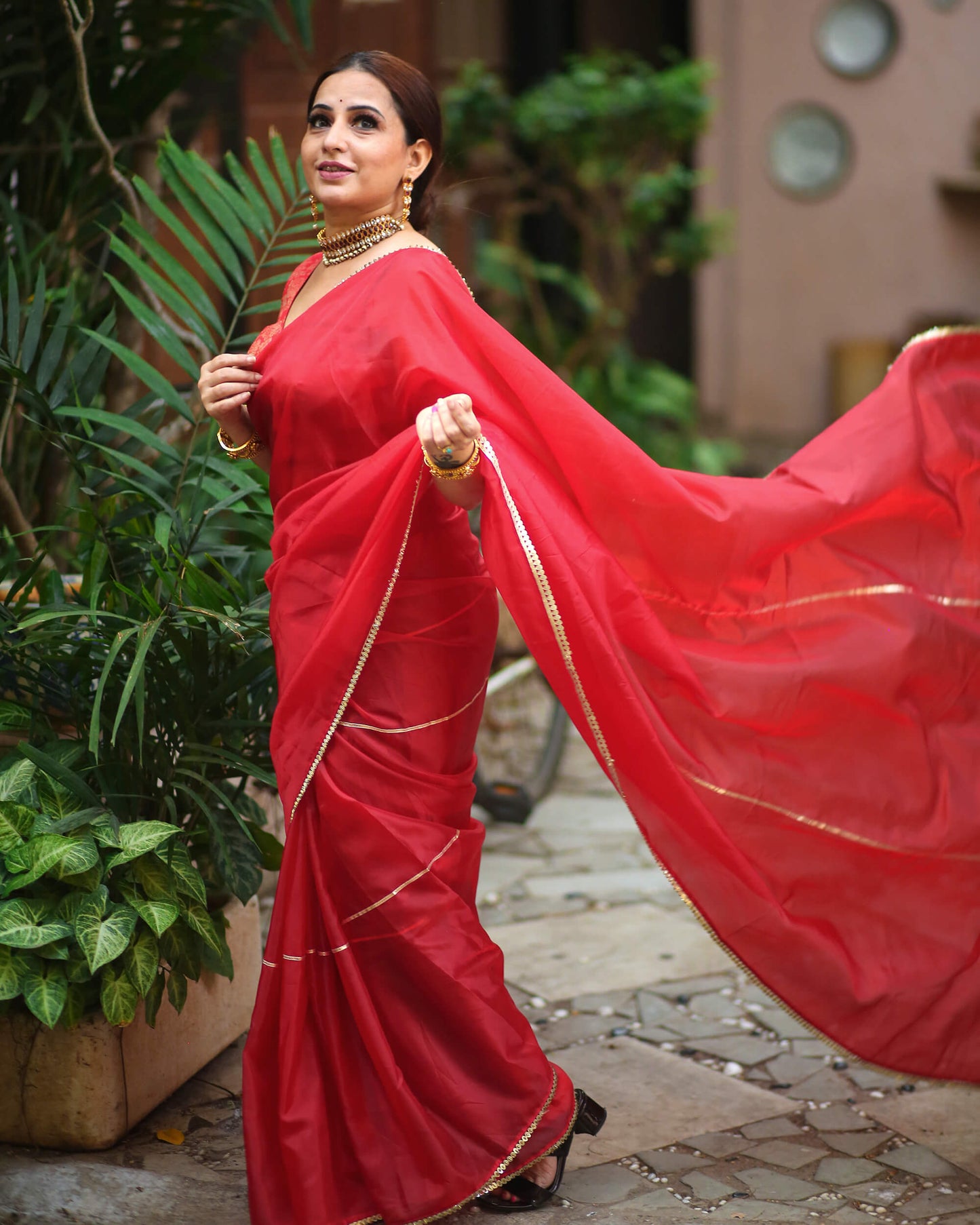 Mehogany Red Golden Zari Gotta Patti Work Liquid Organza Saree With Tubular Beads Sequins Lace Border.