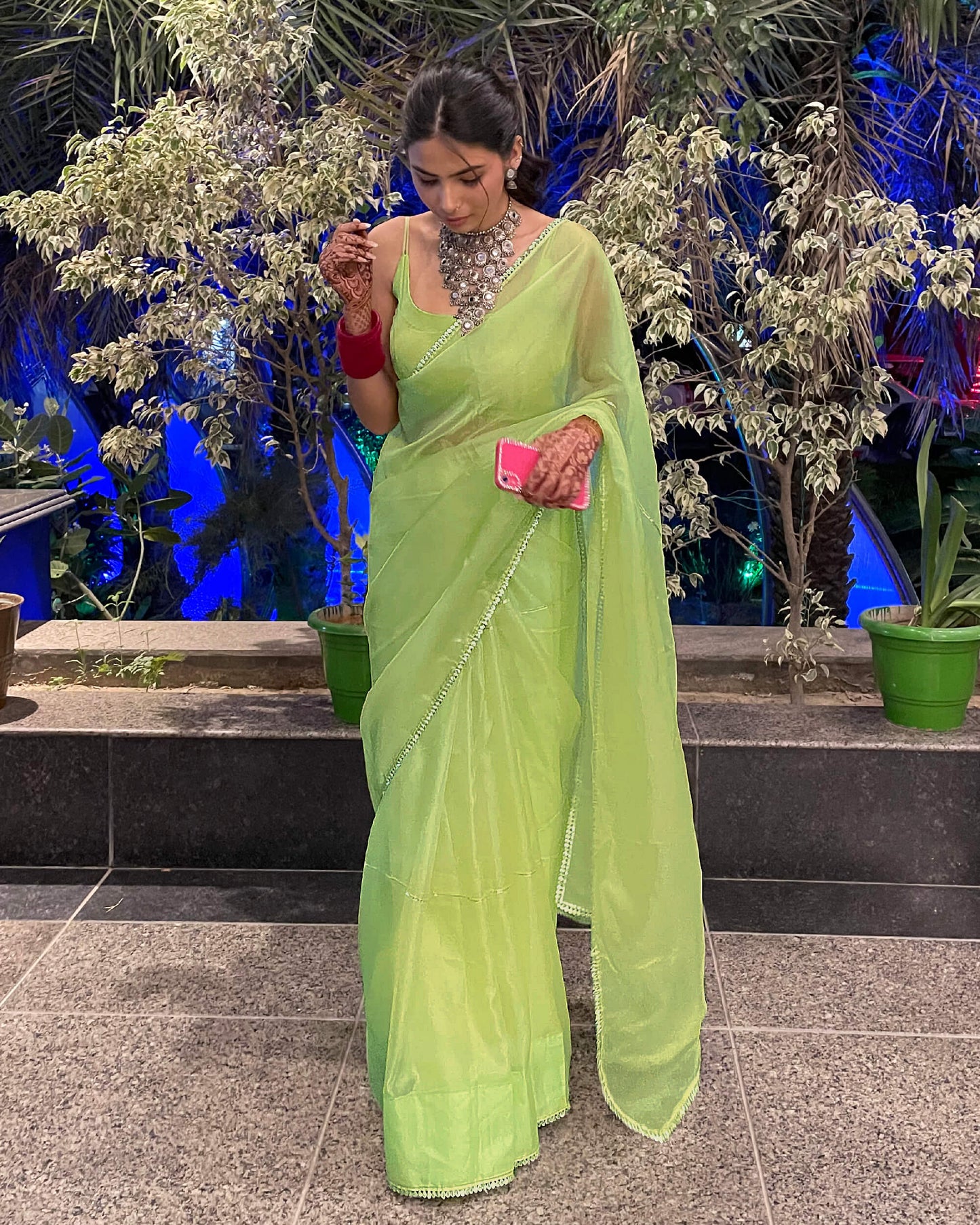 Pastel Green Golden Zari Gotta Patti Work Liquid Organza Saree With Tubular Beads Sequins Lace Border