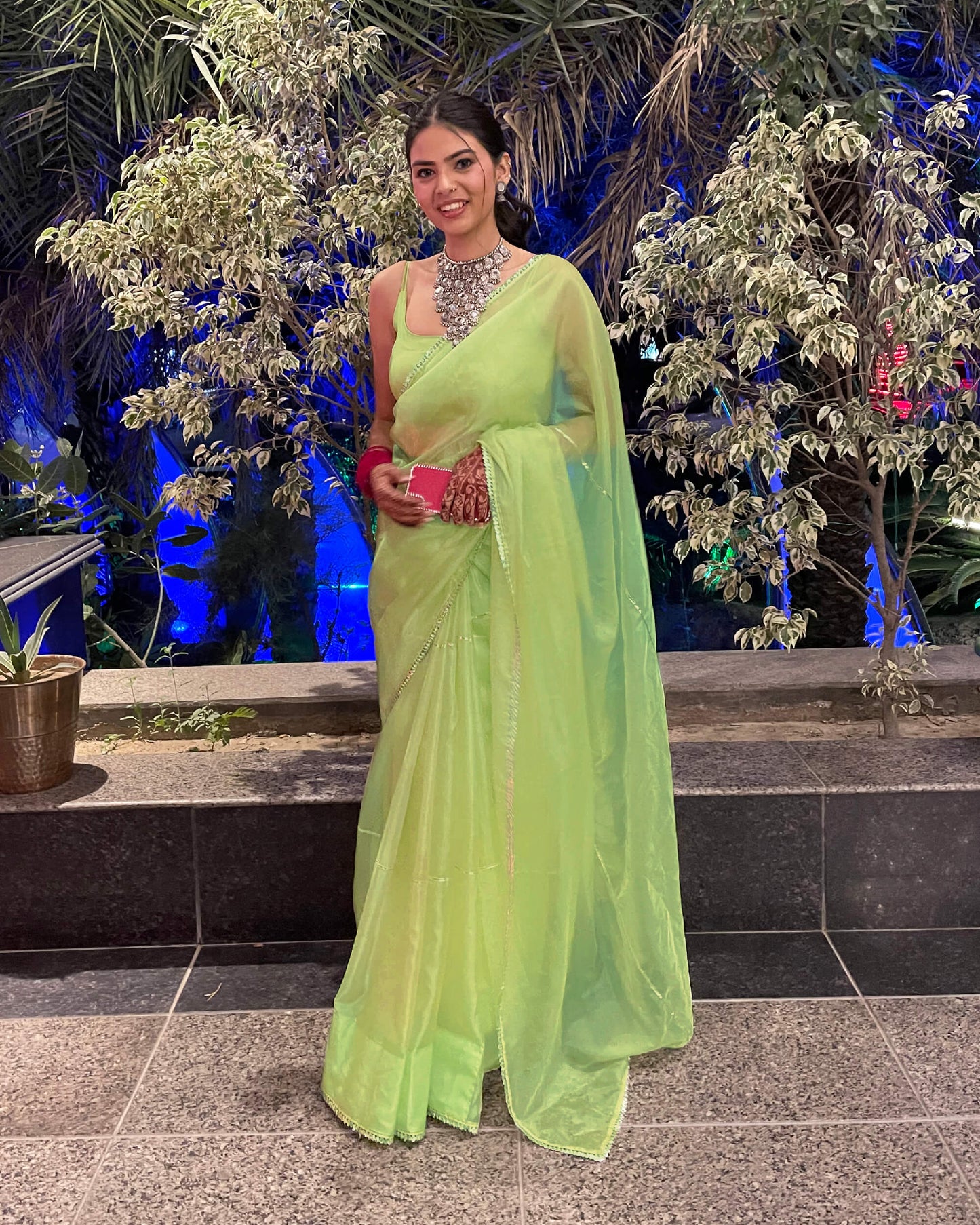 Pastel Green Golden Zari Gotta Patti Work Liquid Organza Saree With Tubular Beads Sequins Lace Border