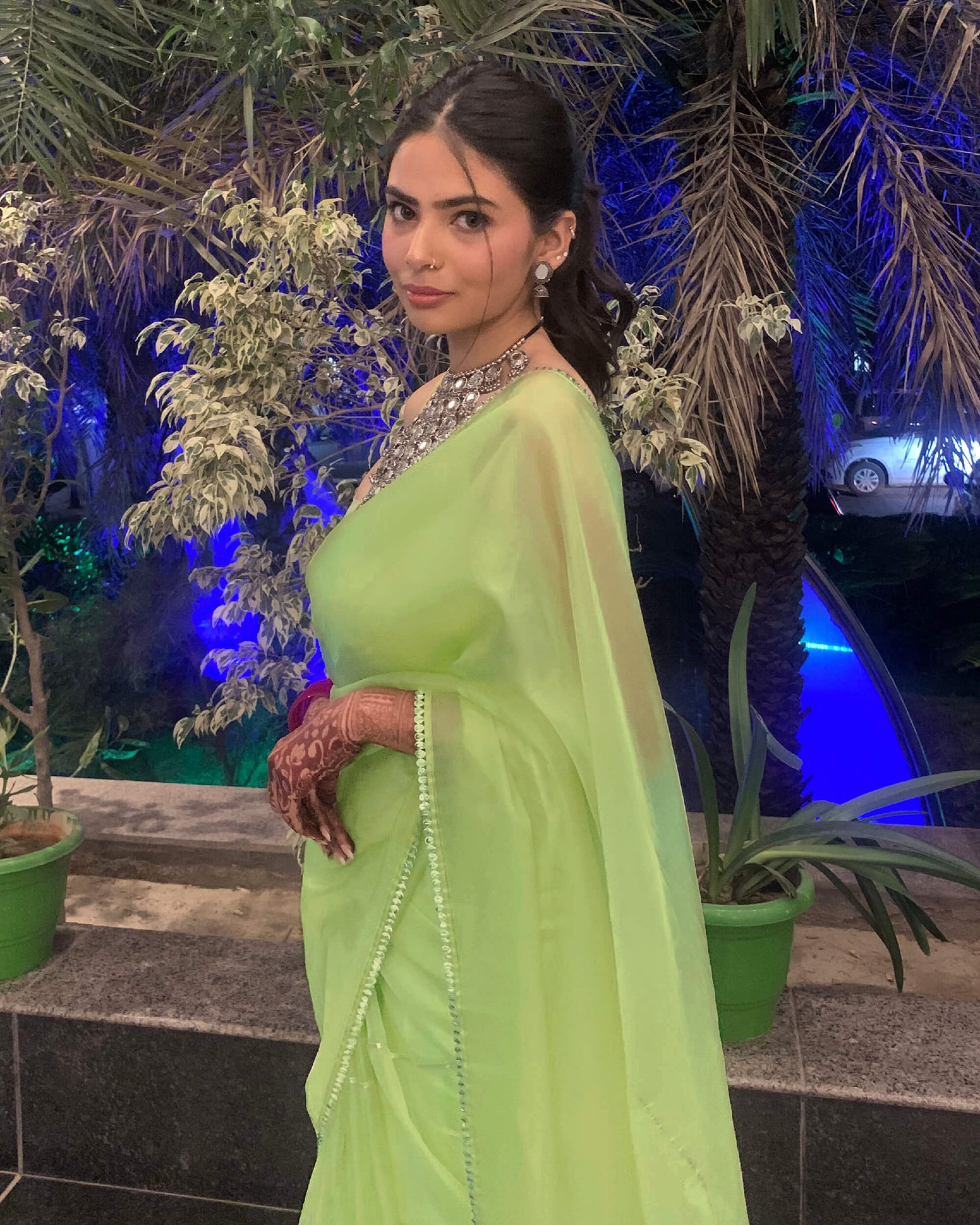 Pastel Green Golden Zari Gotta Patti Work Liquid Organza Saree With Tubular Beads Sequins Lace Border