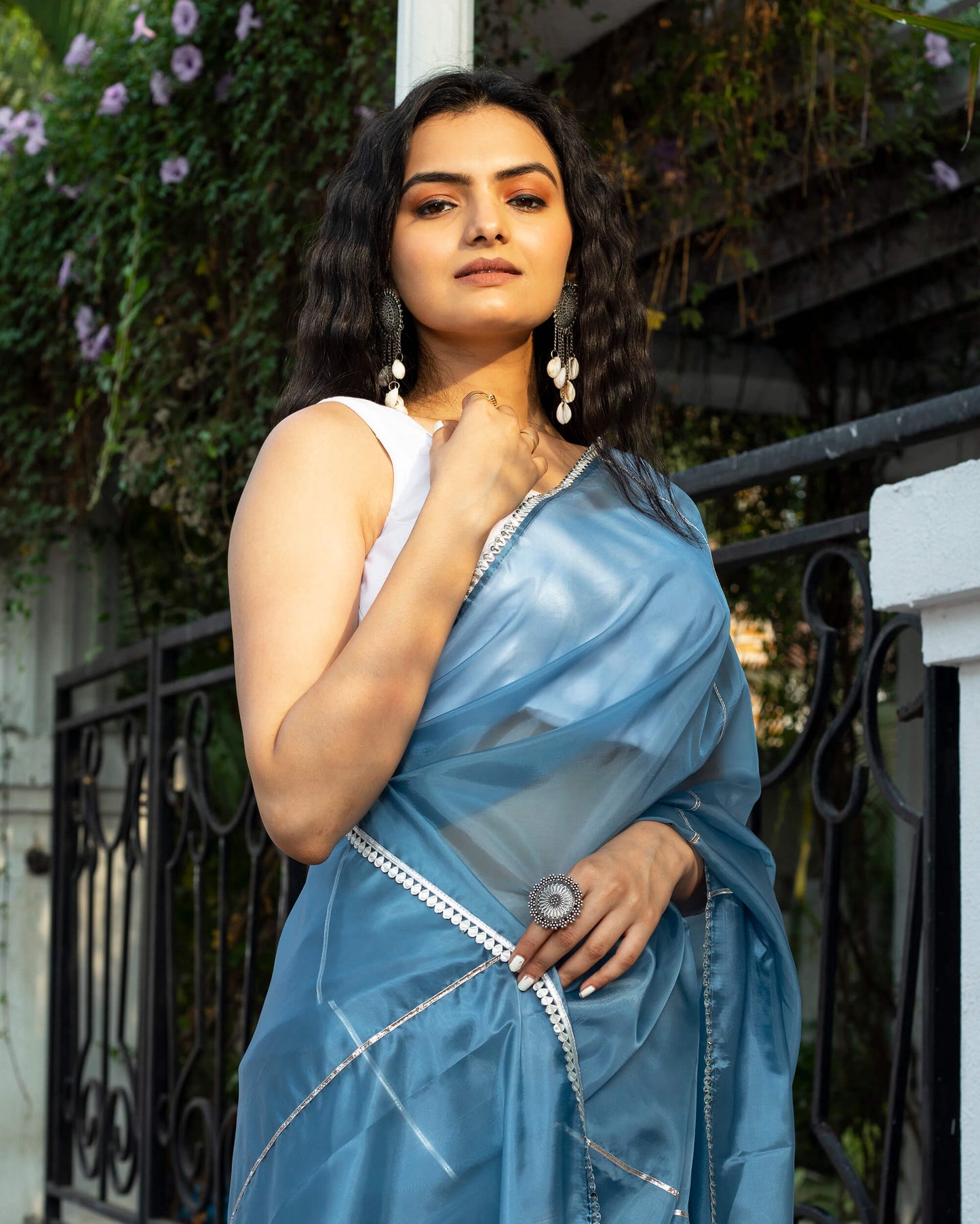 Carolina Blue Golden Zari Gotta Patti Work Organza Satin Saree With Tubular Beads Sequins Lace Border