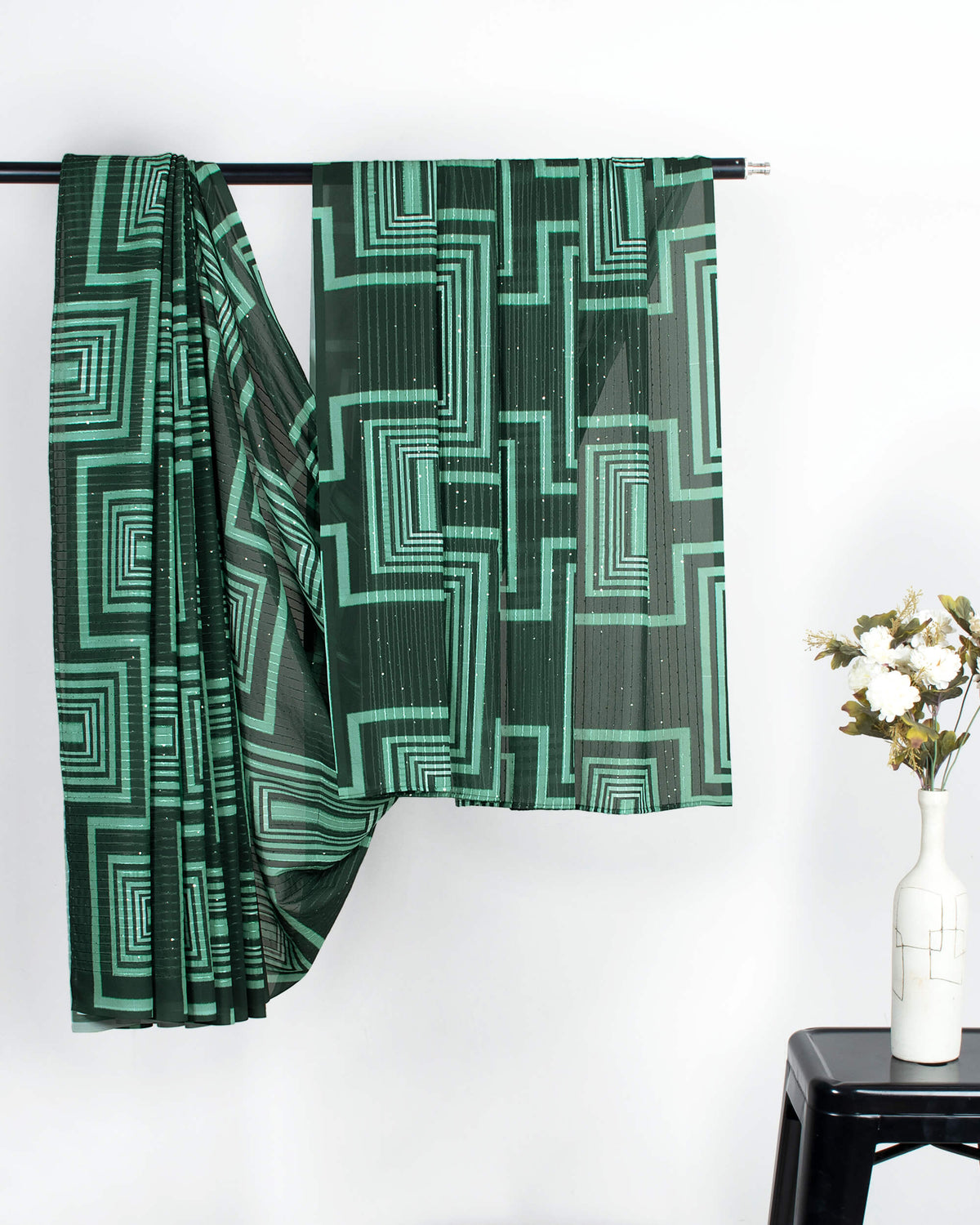 Dark Green Geometric Pattern Premium Sequins Georgette Saree