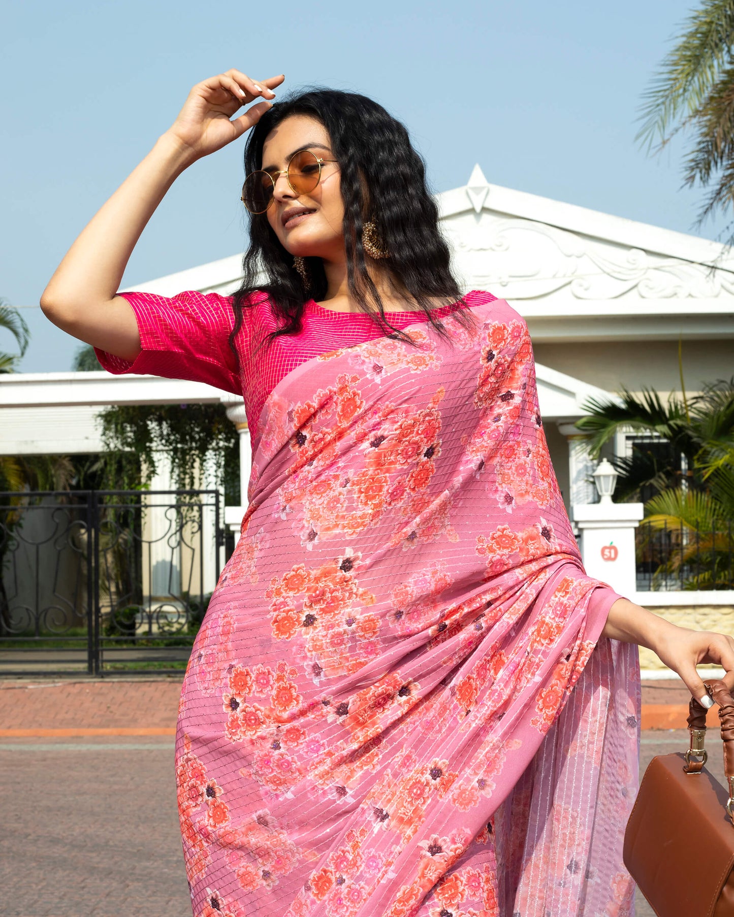 Rose Pink and Orange Floral Pattern Premium Sequins Georgette Saree
