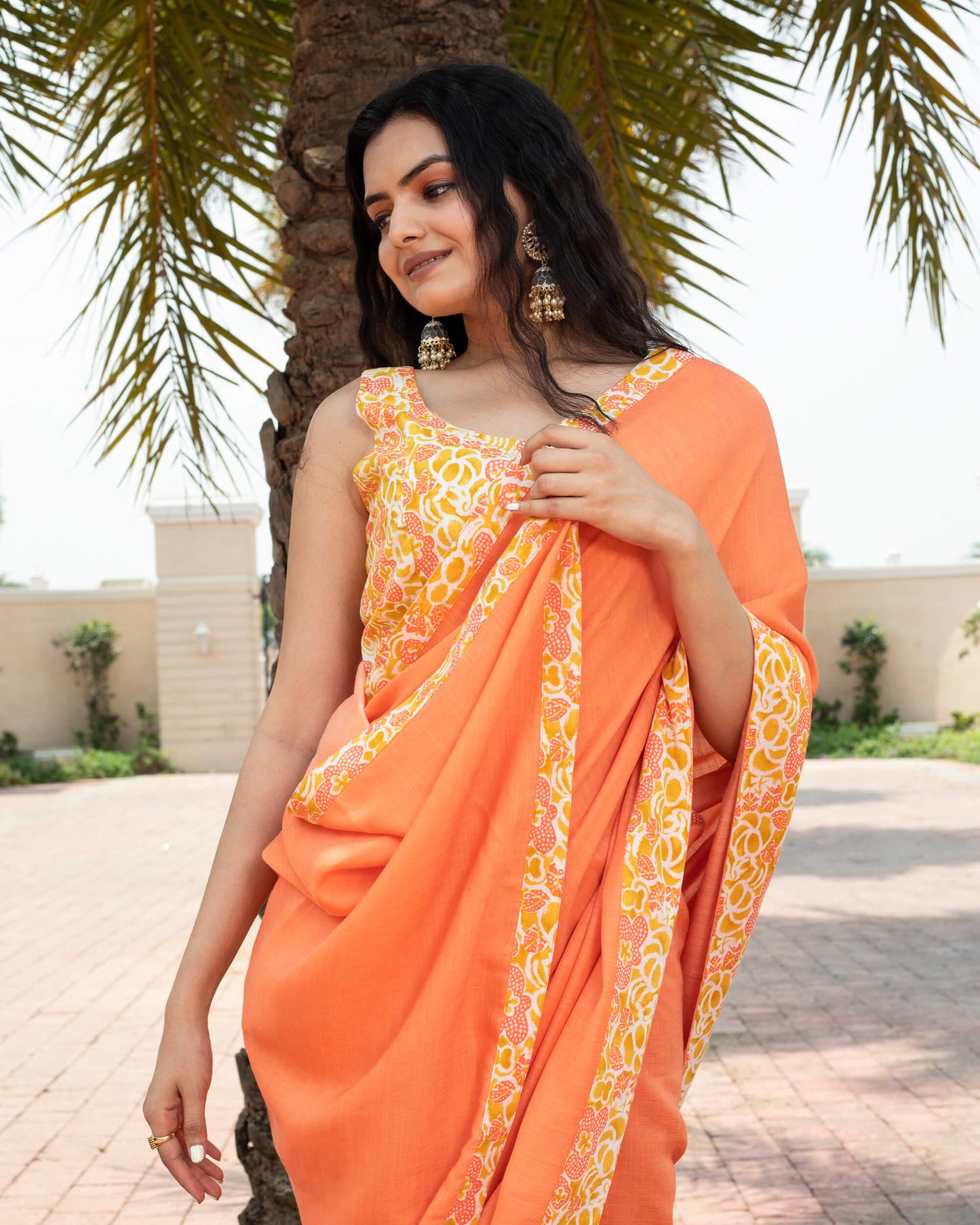 Salmon Orange Plain Poly Cotton Slub Saree With Printed Lace Border